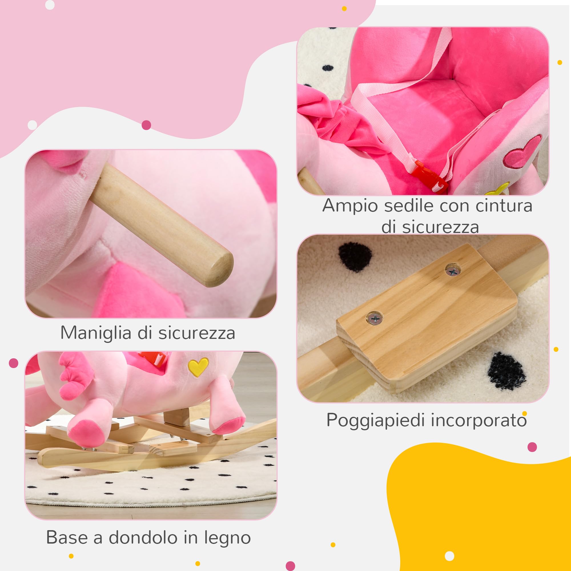 HOMCOM Cavallo a Dondolo con 32 Canzoni, Unicorno a Dondolo in Peluche con Base in Legno e Cintura di Sicurezza per Bambini da 18-36 Mesi, Rosa