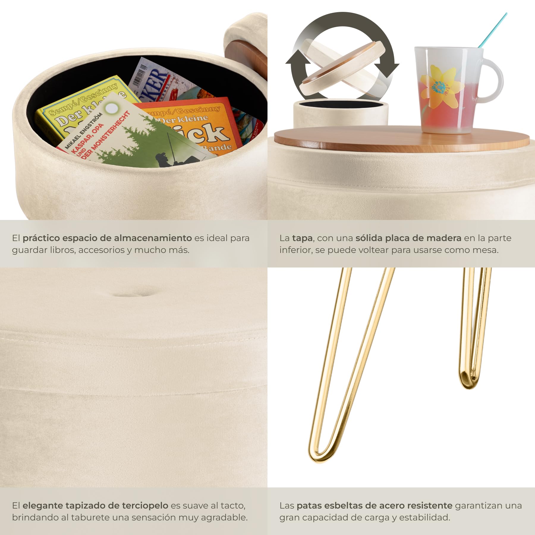 tectake® Elegante Taburete Redondo Aterciopelado con Espacio de Almacenamiento, Capacidad de Carga 300 kg, Mueble Auxiliar Dormitorio, Puff Salon, Taburete Dormitorio, Puff almacenaje - Crema