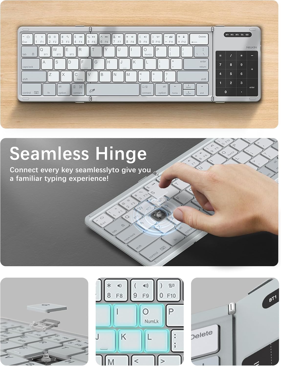 Nillkin Upgraded Foldable Bluetooth Keyboard with Touchpad & Number Pad, Portable Wireless Keyboard for Travel, Pocket-Sized, Full Size Keys, Support 3 Devices for iPad Laptop Tablets Phone, Gray