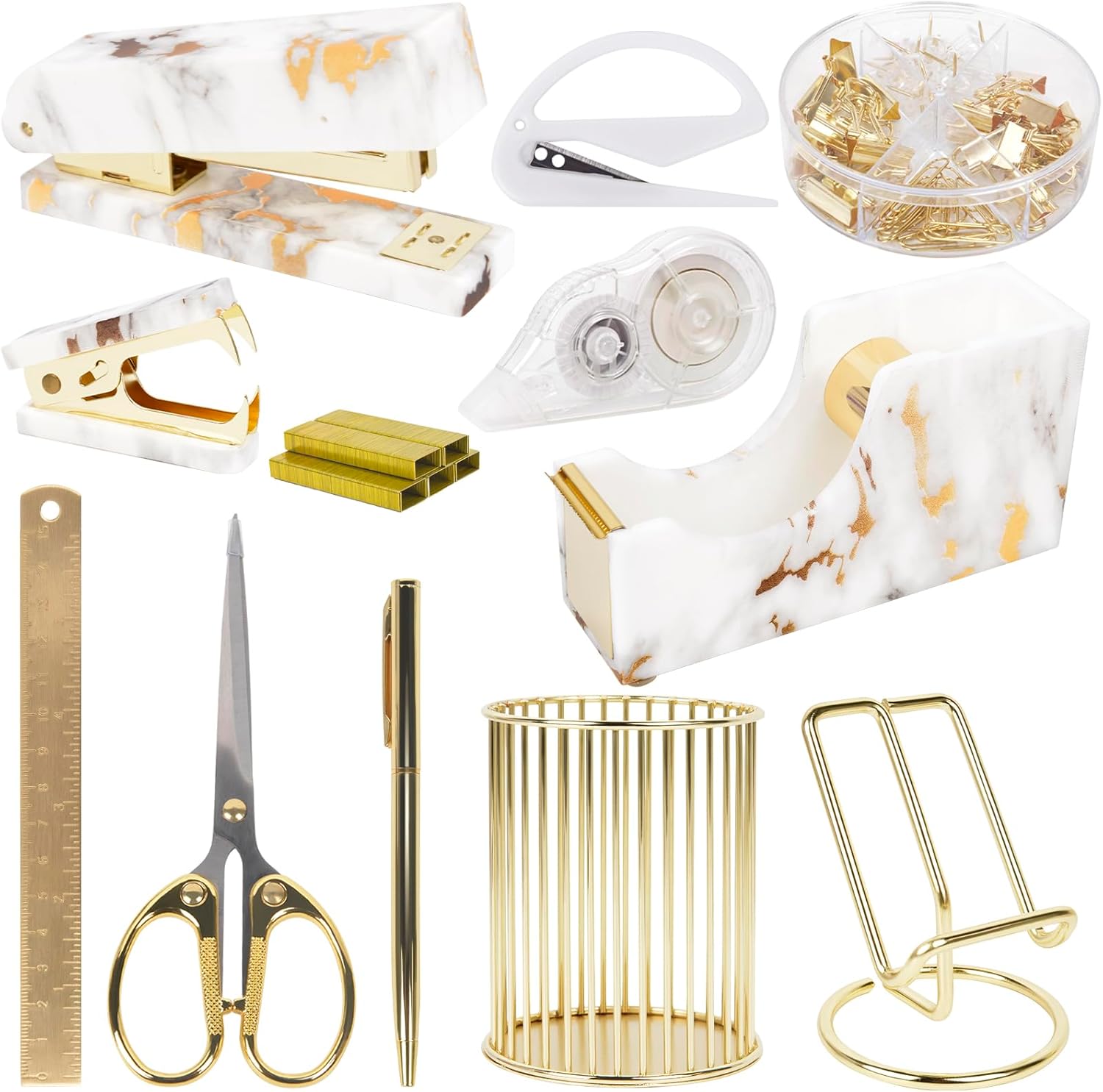 Suministros de accesorios de escritorio de oficina, juego de 13 piezas de decoración de escritorio de mármol dorado para mujer, bonito kit de