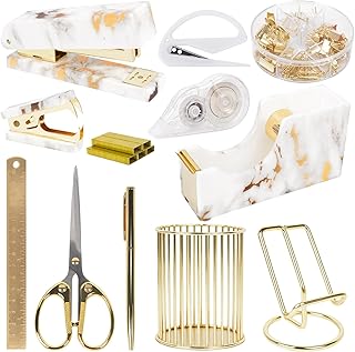 Office Desk Accessories Supplies - 13 Pcs Women Gold Marble Desk Decor S...