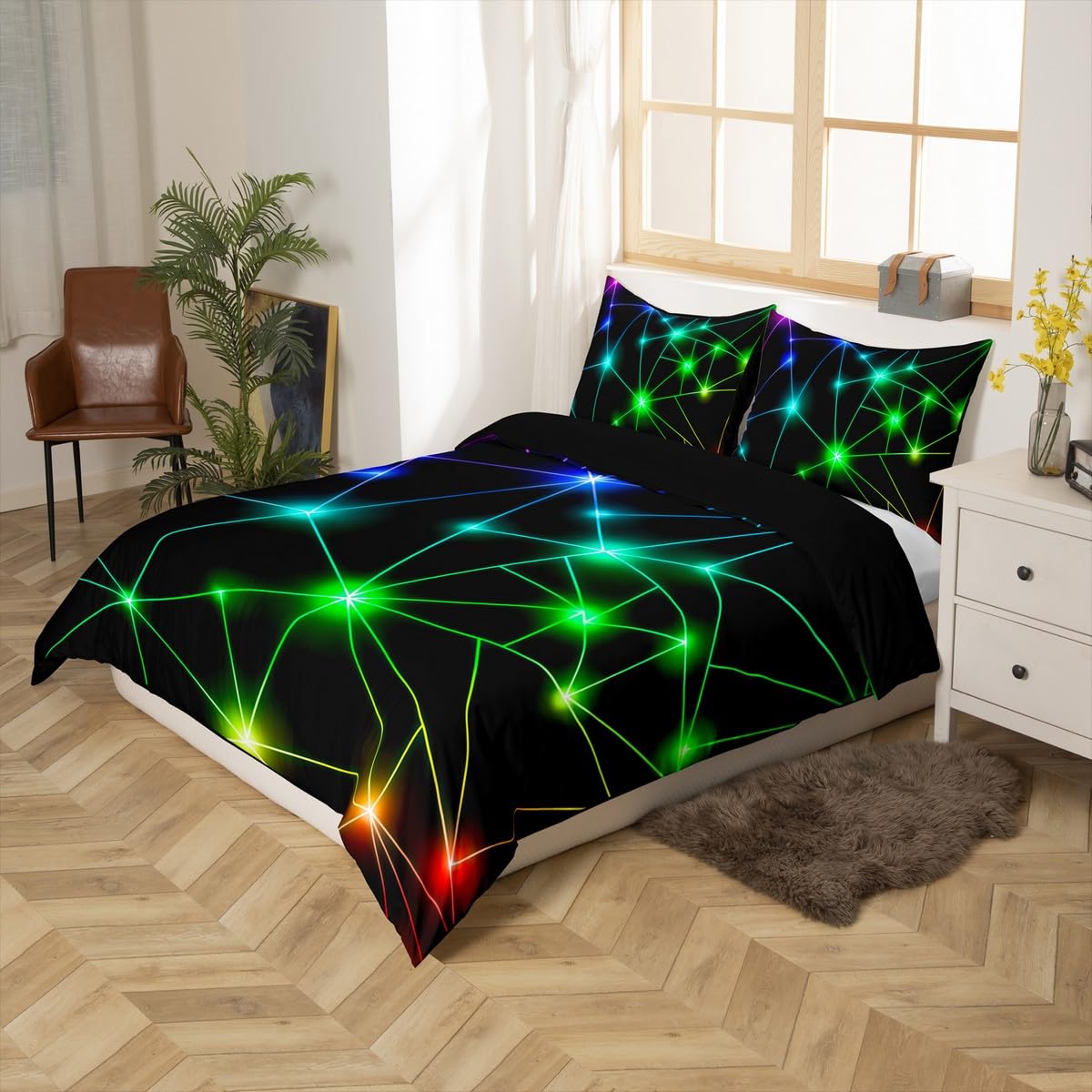 Homewish Neon Geometric Bedding Single, Reversible Black Duvet Cover Set Retro Triangle Pattern Quilt Cover with 1 Pillowcase - Image 2