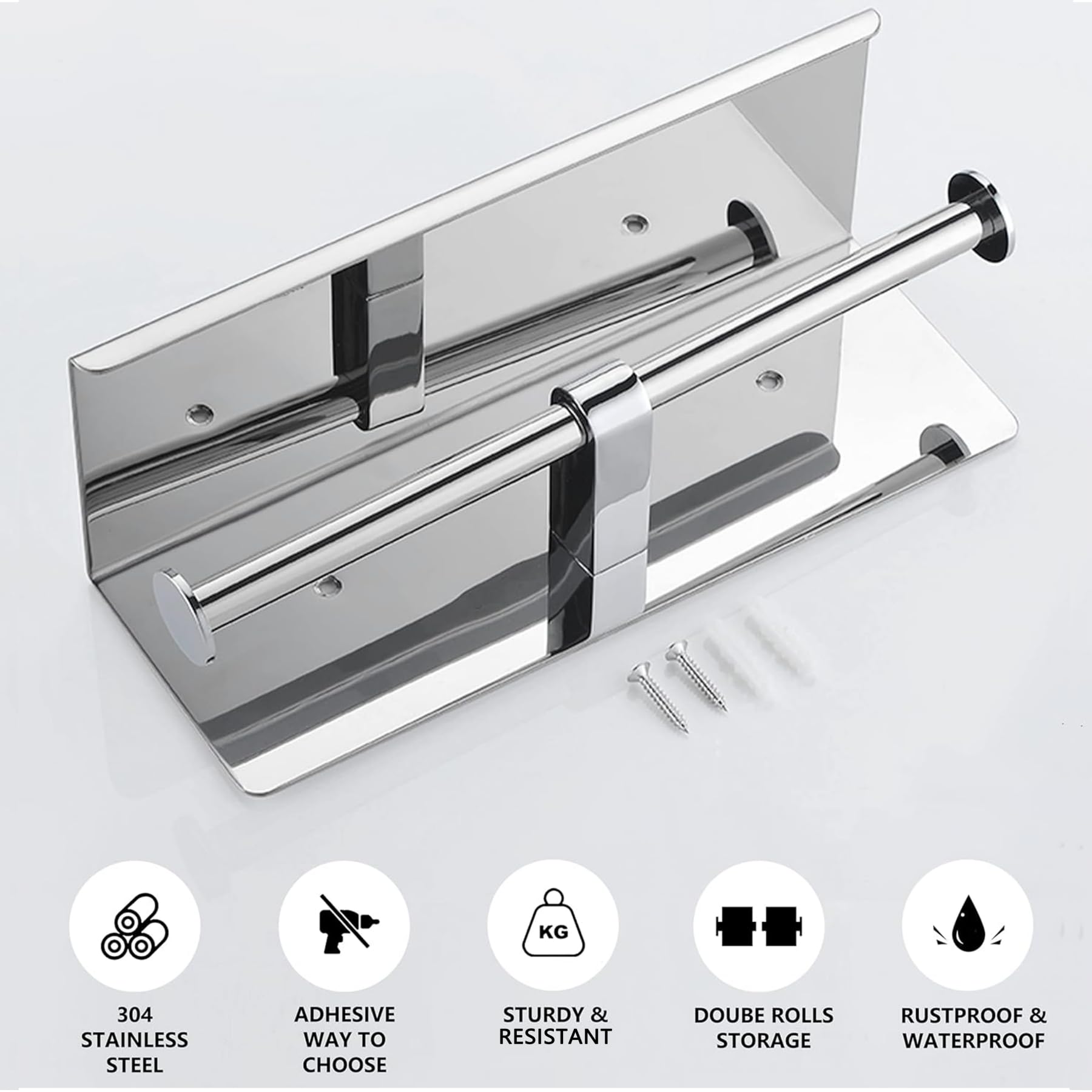 Soporte doble para papel higiénico -SUS 304 de acero inoxidable con estante de almacenamiento para teléfono (cromo pulido) 4