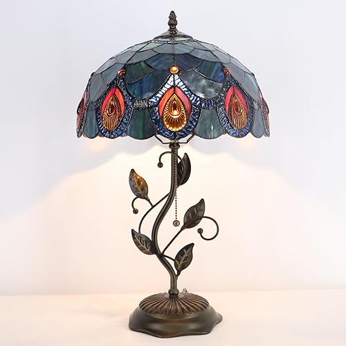 Miniatura 5 de Tiffany Lámpara de mesa, lámpara de escritorio estilo vitral, 12 x 12 x 19 pulgadas, luz de lectura de noche, base de hojas de metal (cristal marrón)