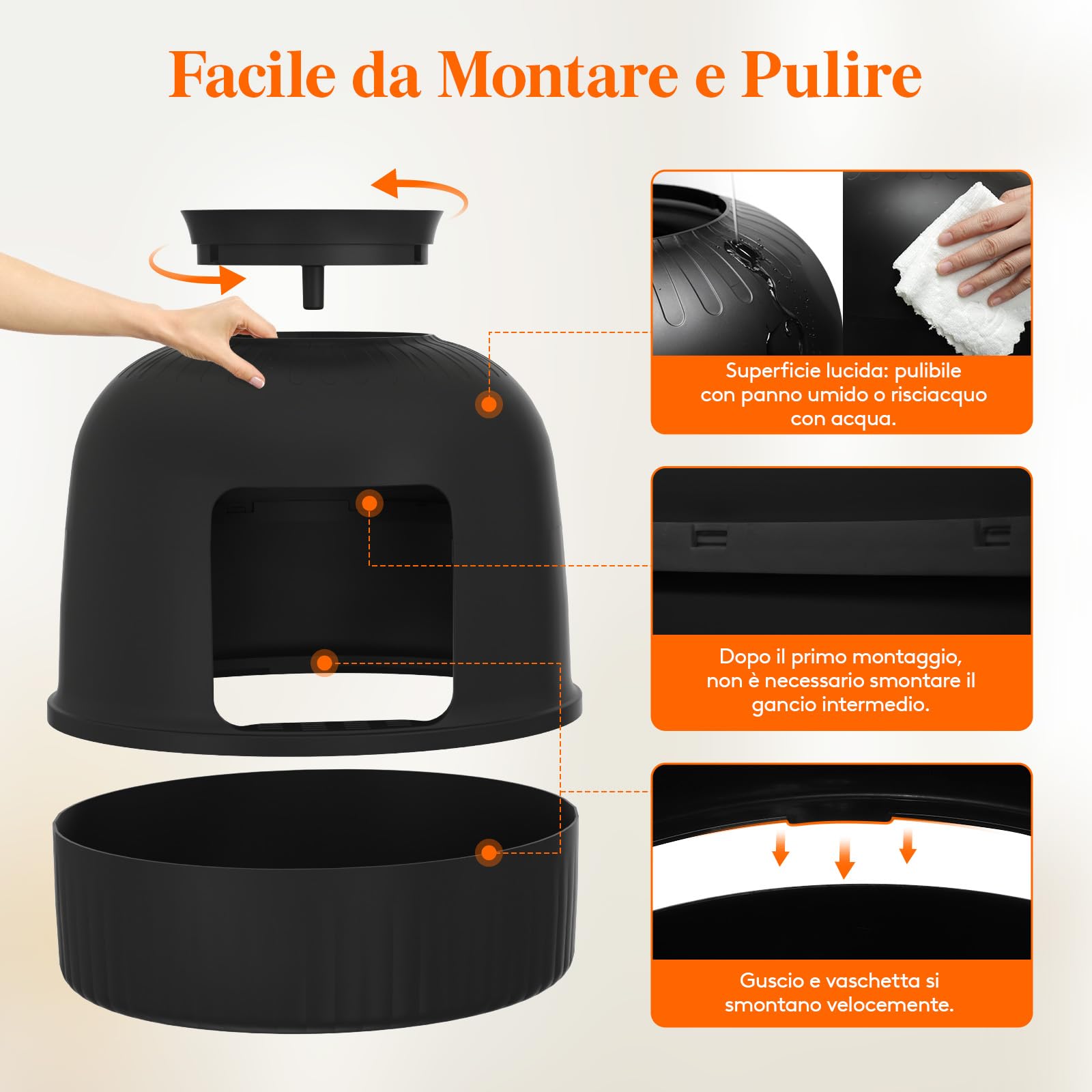 Lifewit Lettiera Gatto con Deodorante e Filtro a Carboni Attivi, Toilette per Gatti per Soggiorno, Camera da Letto e Angoli, Lettiera a Forma di Vaso con Paletta, 48 x 48 x 50 cm, Nero