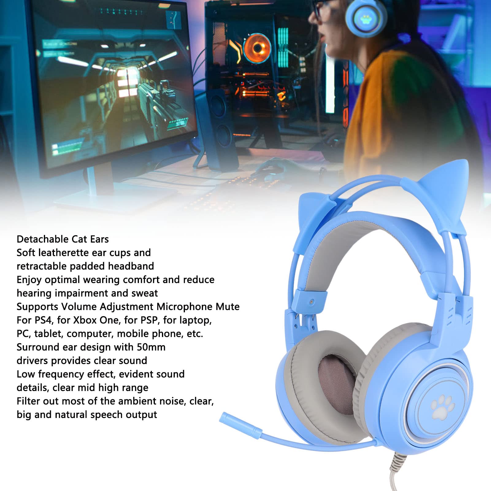 Yunseity Cuffie da Gioco, Cuffie con Orecchie di Gatto Rimovibili USB + 3,5 Mm con Microfono con Cancellazione del Rumore, Cuffie da Gioco per, One, PC, Telefono Cellulare(Blu)