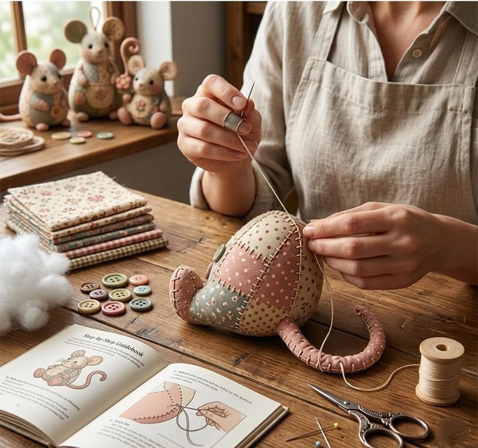 Kit de bricolaje de ratón de patchwork, lindo kit de bricolaje de adorno de ratón, con tela floral, relleno, botones, juego de manualidades de costura hecho a mano, para adultos, principiantes (3SET)