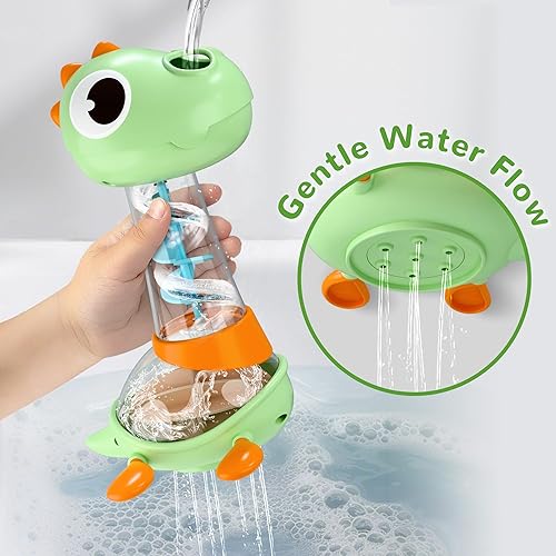 Miniatura 5 de iPlay, iLearn Juego de juguetes de baño para bebé, juguete de bañera para niños pequeños, aspersor de tortuga recargable con 5 anillos, dinosaurio