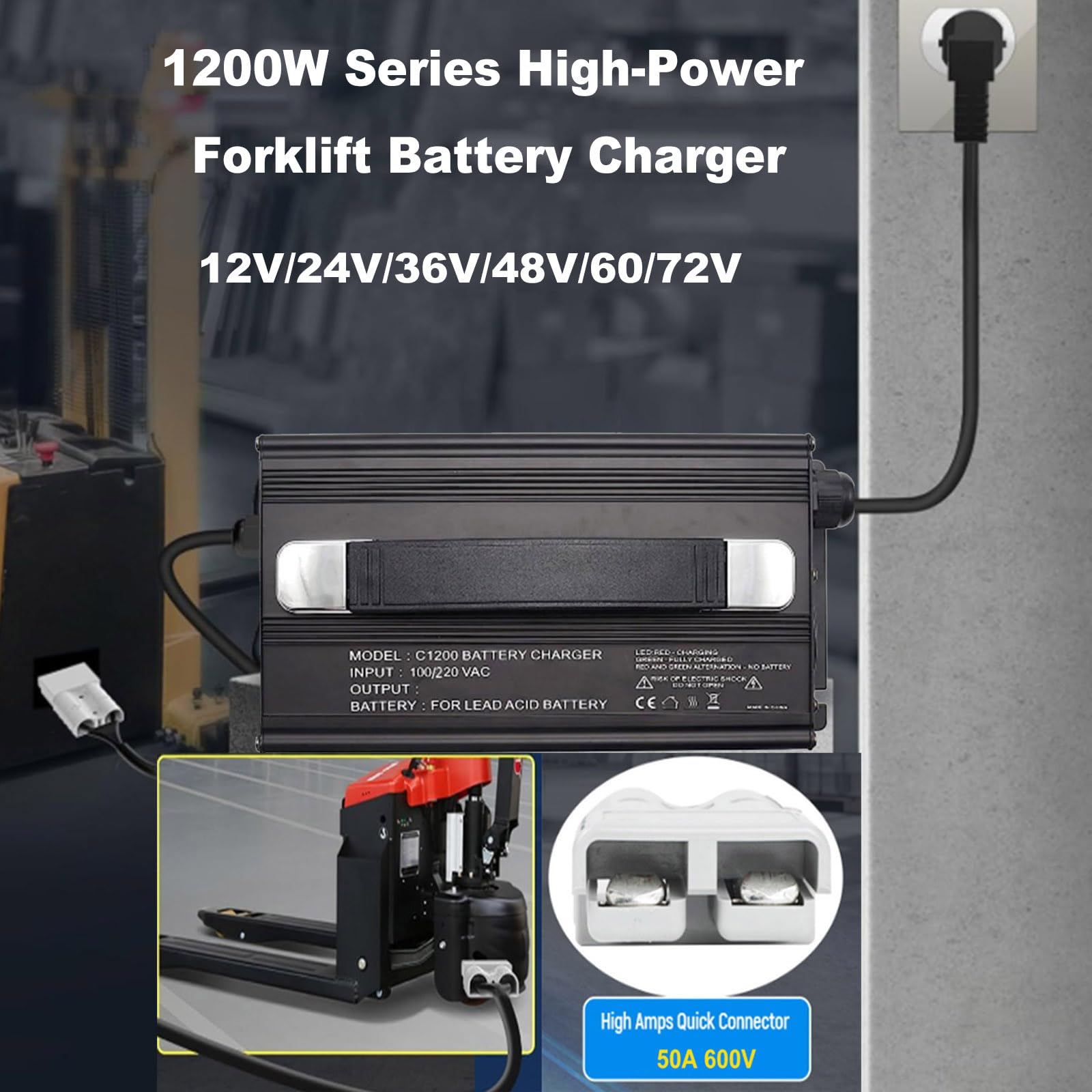 Ładowarka do akumulatorów wózków widłowych 12V 40A, 24V 30A, 36V 25A, 48V 20A, 60V 12A, 72V 10A Wysokowydajne ładowarki ze złączem Anderson 50A