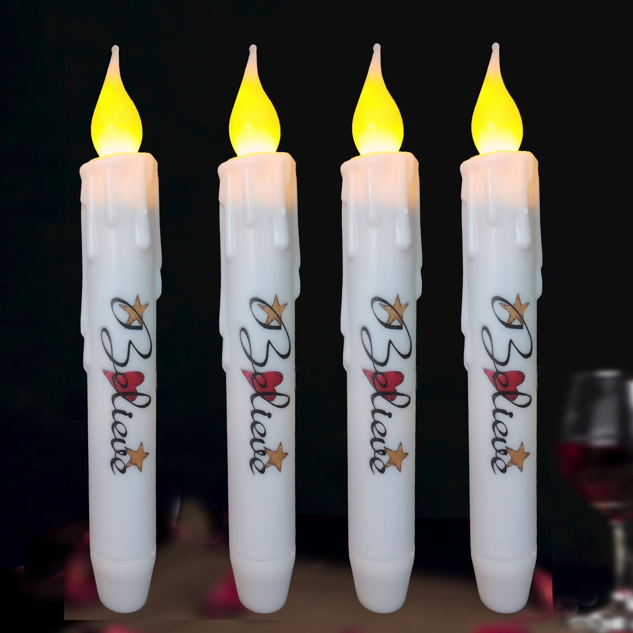 Taper Candles Battery Operated Timer, 6.75 Inch Set of 4 Flameless LED Taper Candles,Belive Heart Star Decor White Candle,Primitive Wedding Kitchen Bedroom Window Christmas Dining Church