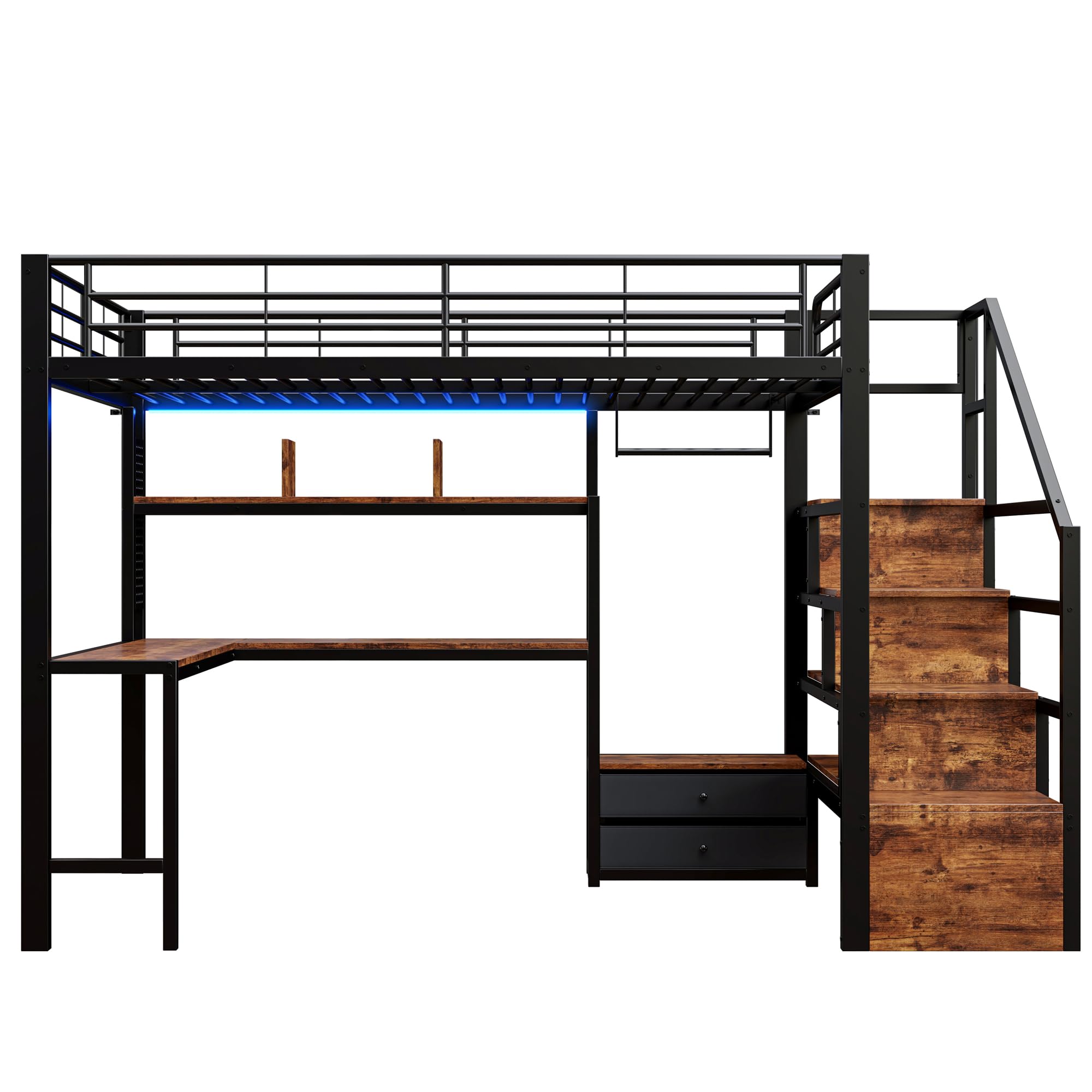Cama alta de hierro 140 x 200 con luces LED, escritorio, 2 cajones, rejilla para colgar, litera para niños con escalera de almacenamiento, estructura de cama individual, color negro