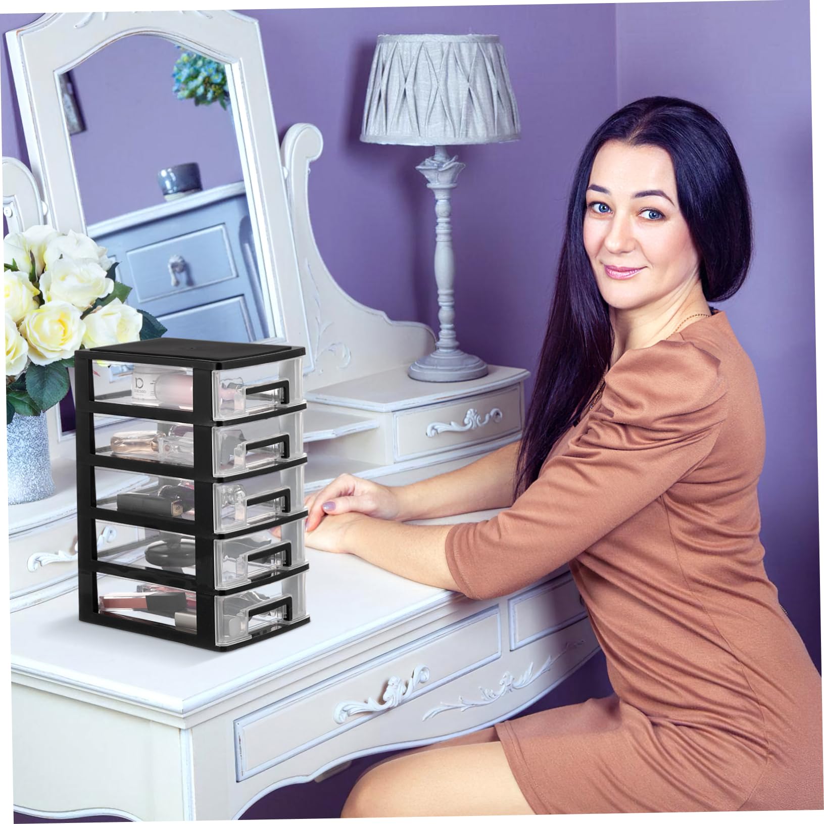 ULTECHNOVO Cassettiera da Scrivania e Design Pratico in Plastica 5 Cassetti Trasparenti Organizer per Cosmetici e Make-up Grande Capacità per Ufficio e Desktop