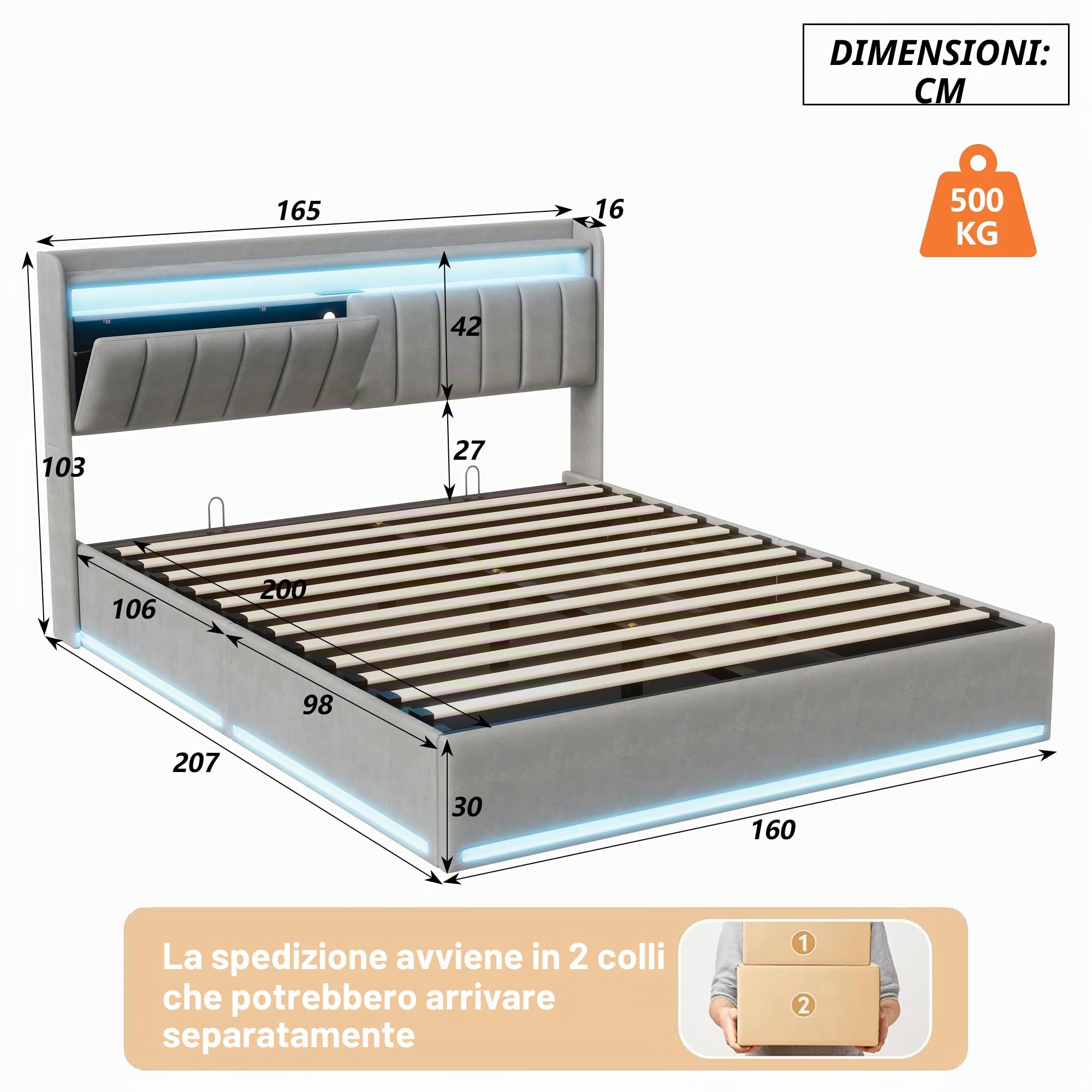Letto Matrimoniale con Contenitore 160x200 cm,Letto Imbottito con LED e USB,Testiera con Funzione di Stoccaggio,Letto Baule 160 x 200 con Idraulico e Rete a Doghe,Velluto,Grigio