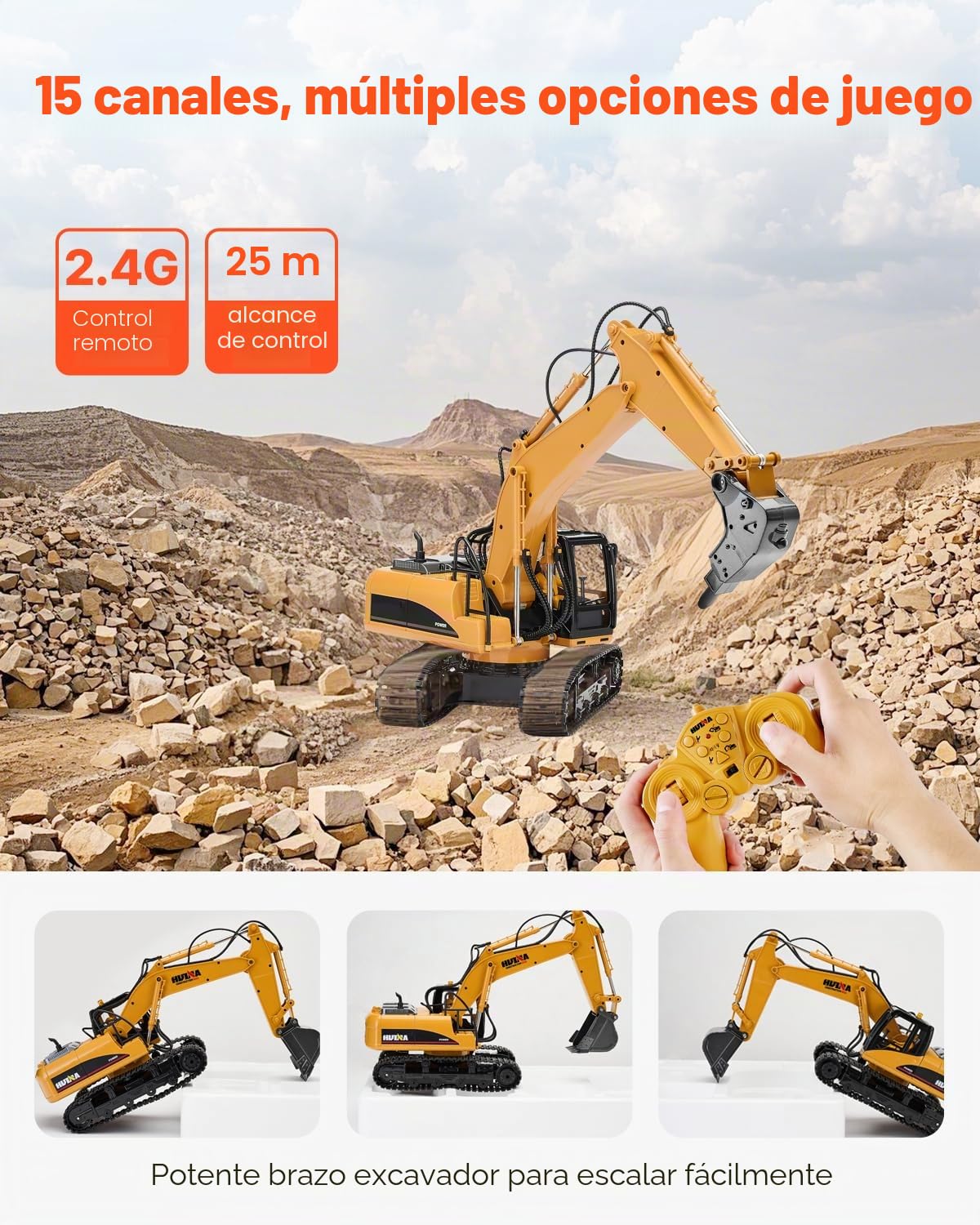 VEVOR 3 en 1 Escala 1:14 Excavadora con Control Remoto, Excavadora RC 15 Canales con Pala de Metal, Luces y Sonidos, Vehículos de Construcción Completamente Funcionales con 2 Baterías para Niños