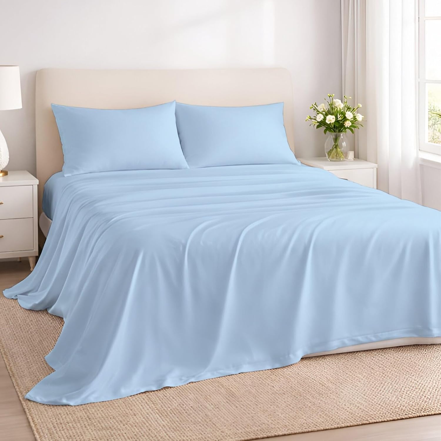 Rajlinen 100% Cotton Full Sheets Set, Cooling & Breathable Bed Sheets, 16 Inch Deep Pocket Fitted Sheet with All-Around Elastic, Soft & Durable Bedding Set, Light Blue Solid