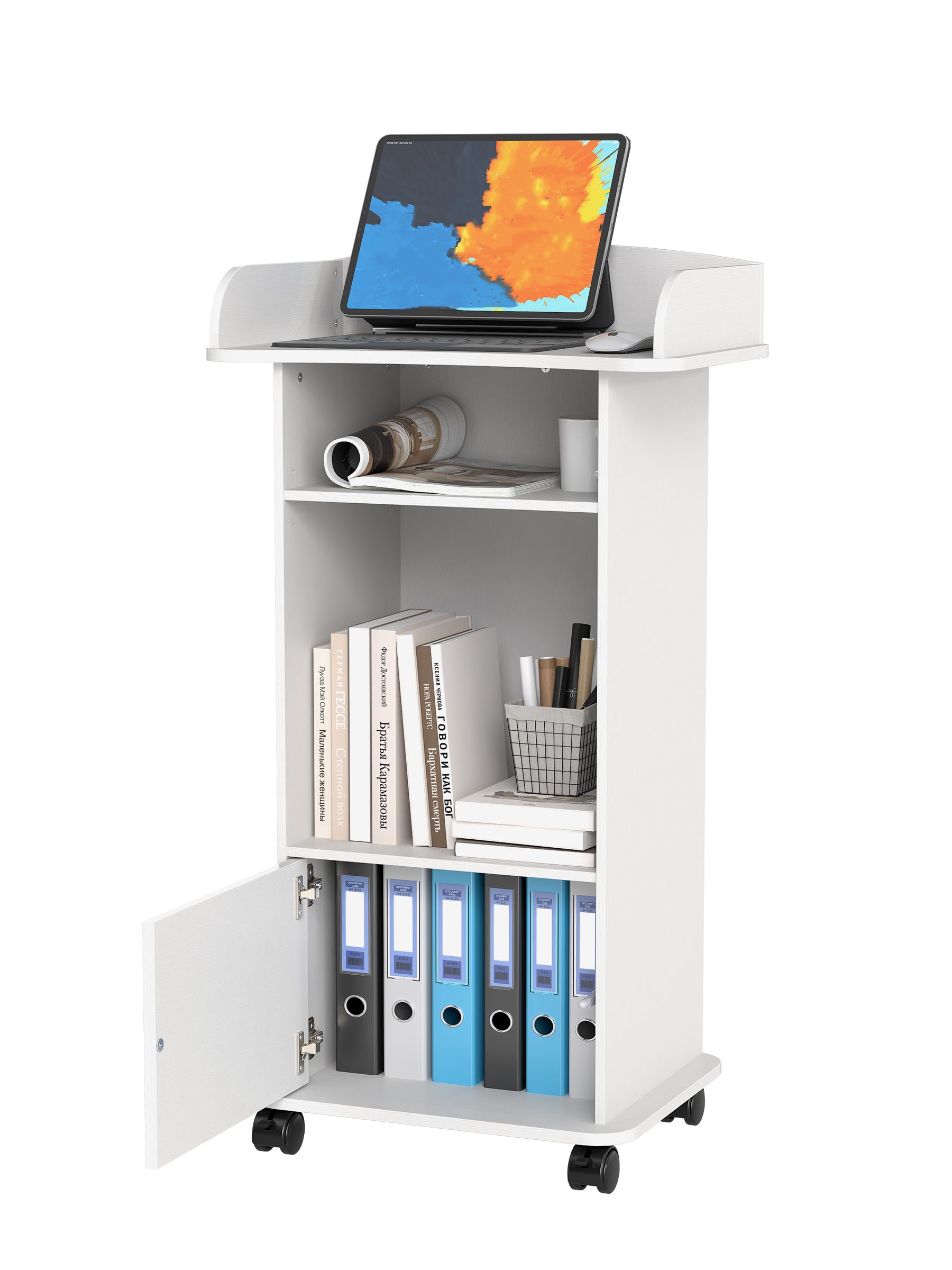 Turosur Pupitre en bois blanc avec étagère de rangement - Support de pupitre mobile avec roulettes
