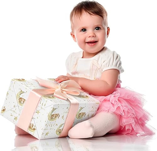 Miniatura 6 de SaringSwoon Papel de regalo para baby shower para niños y niñas, papel de regalo blanco con diseño de conejo, luna y Hello Little One para baby