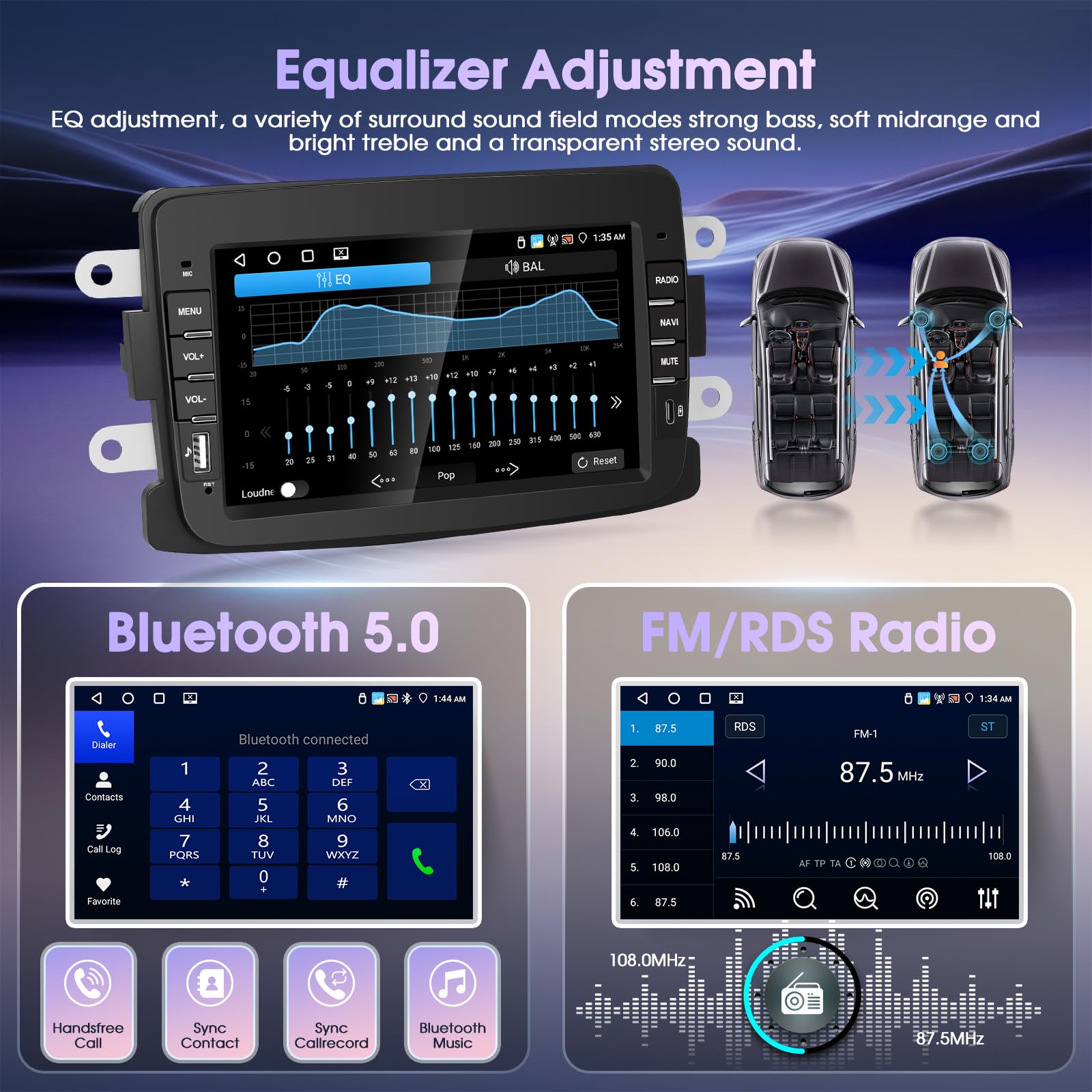 Autoradio 4+64G Android 15 per Dacia Logon Duster Captur Sandero Symbol Lodgy LadaXray, 1 DIN 7'' Stereo Radio Bluetooth 5.0 IOS Carplay Android Auto Radio EQ GPS WiFi Supporto DAB