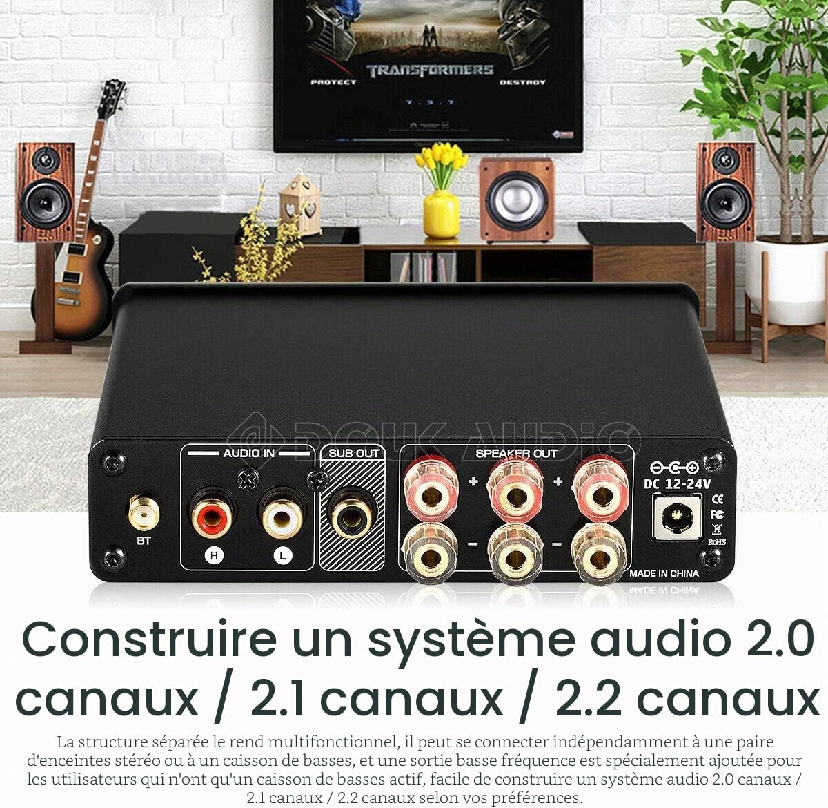 Douk Audio M3 Amplificateur audio stéréo Bluetooth 5.0 2.1 canaux Mini amplificateur Hi-Fi Classe D avec 50 W x 2 + 100 W pour la maison et l'extérieur Haut-parleur passif et caisson de basses actif