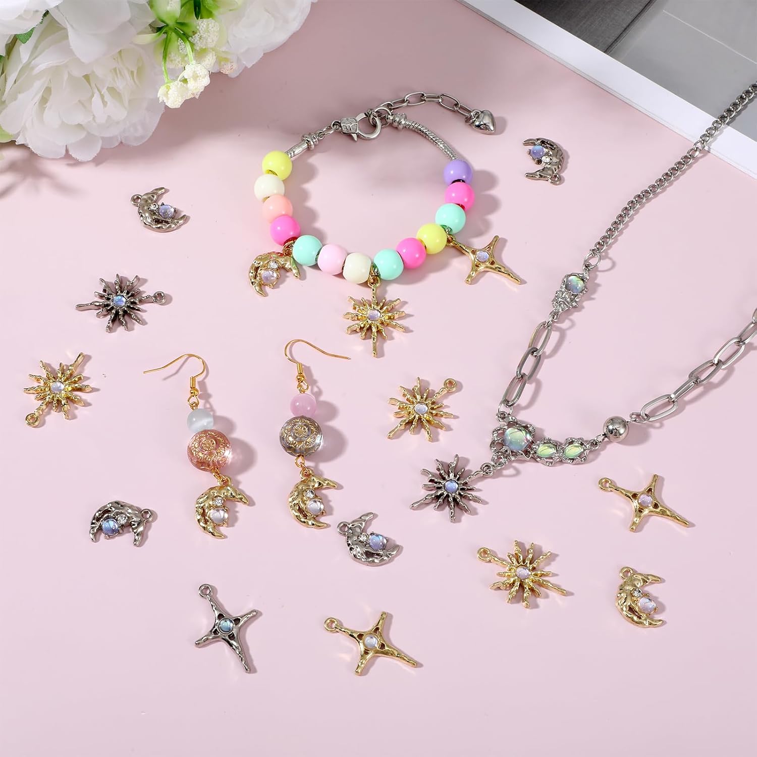 Sibba 30 PCS Celestial Charms Set Moon, Star, Sun Pendants with Opal Beads Alloy Silver & Gold Plated DIY Jewelry Making Supplies for Necklace, Bracelet, Earrings Craft Charms Bulk for Women - Image 7