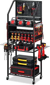 TC-HOMENY Power Tool Organizer Cart with 8 Outlets Charging Power Station, 24 Large Drill Tool Storage Racks with Wheels for Garage, Heavy Duty Tools Organizer Station, Festival Gifts for Men Dads
