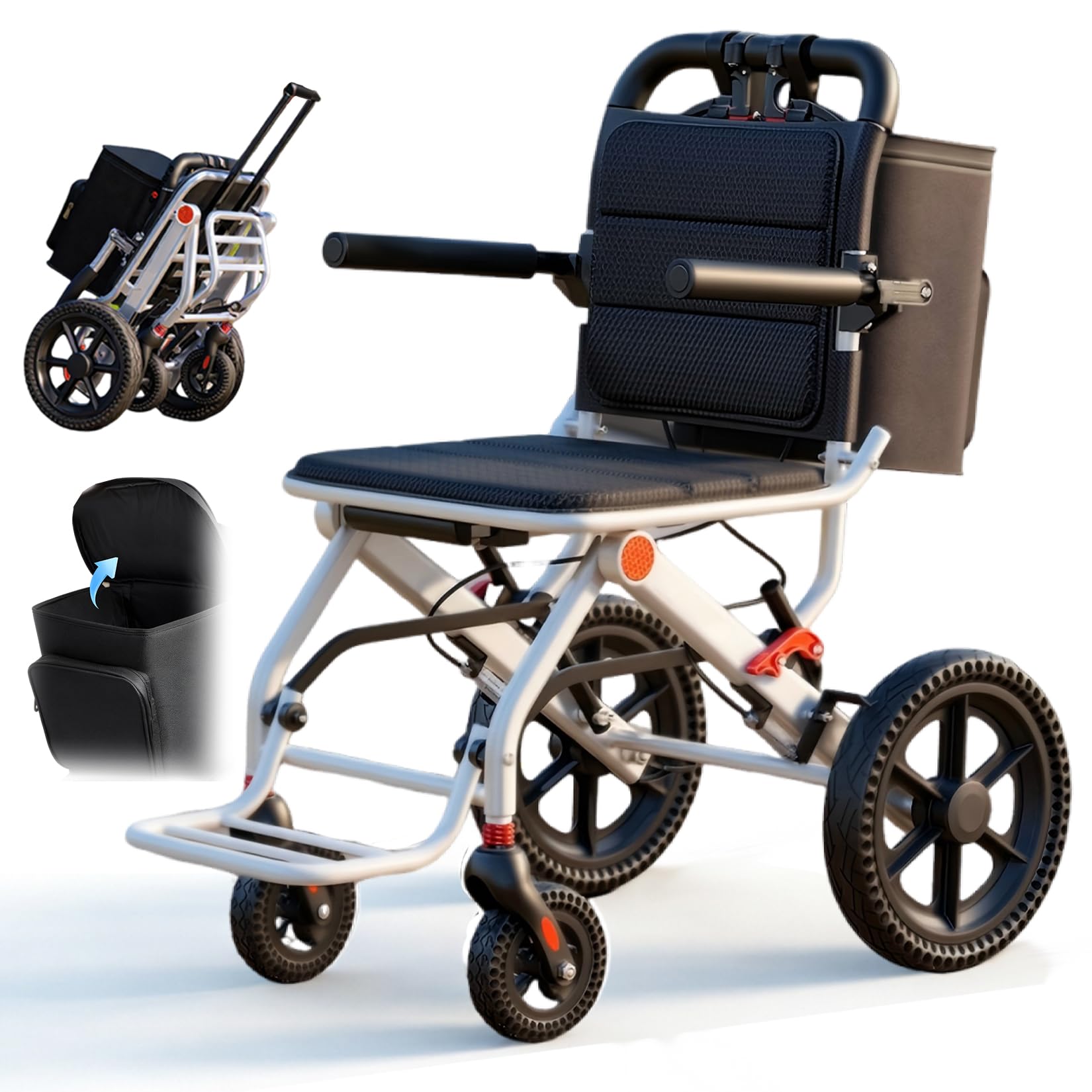 Leichtgewicht Rollstuhl Faltbar - Aluminium Reiserollstuhl bis 120kg | Medizinprodukt für Senioren. Mit Rucksack, 12 Zoll Wabenreifen und Trolley Funktion zum Ziehen. Perfekt für Auto Kofferraum.