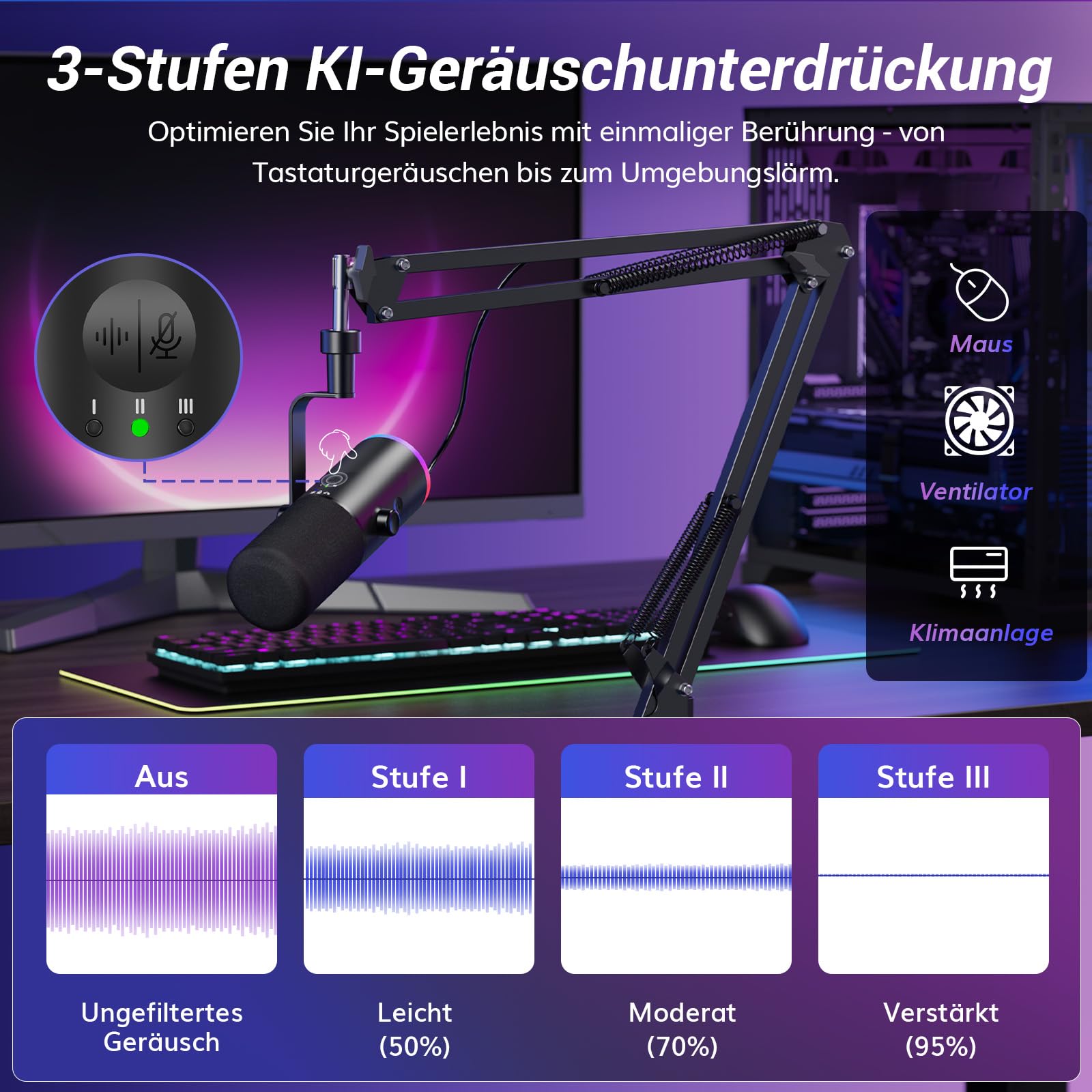 TONOR Dynamisches Gaming-Mikrofon, XLR/USB-Mikrofon für Streaming, AI-Geräuschunterdrückung, steuerbares RGB, Tap-Mute, 3,5-mm-Kopfhörerbuchse, Mikrofon mit Galgenarm, schwarz, TD510 AIR S+H