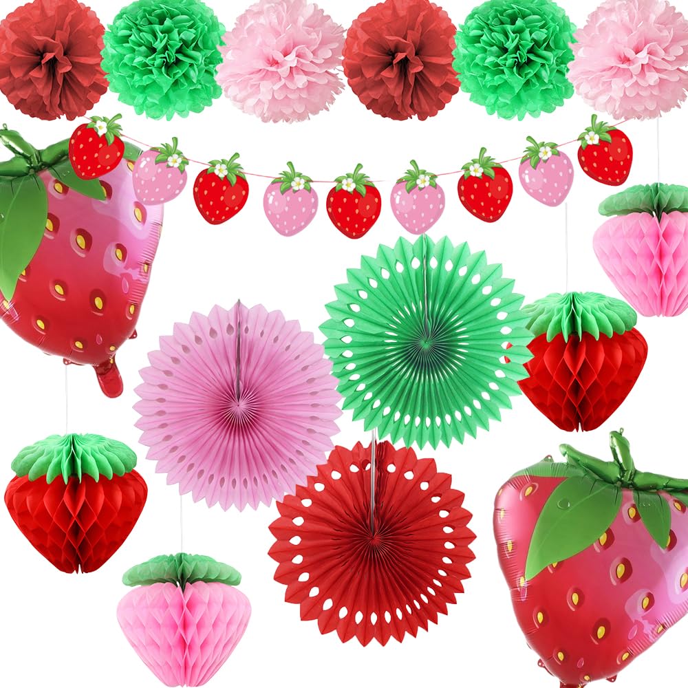 Strawberry Party Decorations Include Strawberry Honeycomb Balls Strawberry Garland Tissue Pom Poms Fans Foil Balloons Strawberry Theme Decorations for Birthday Party Supplies