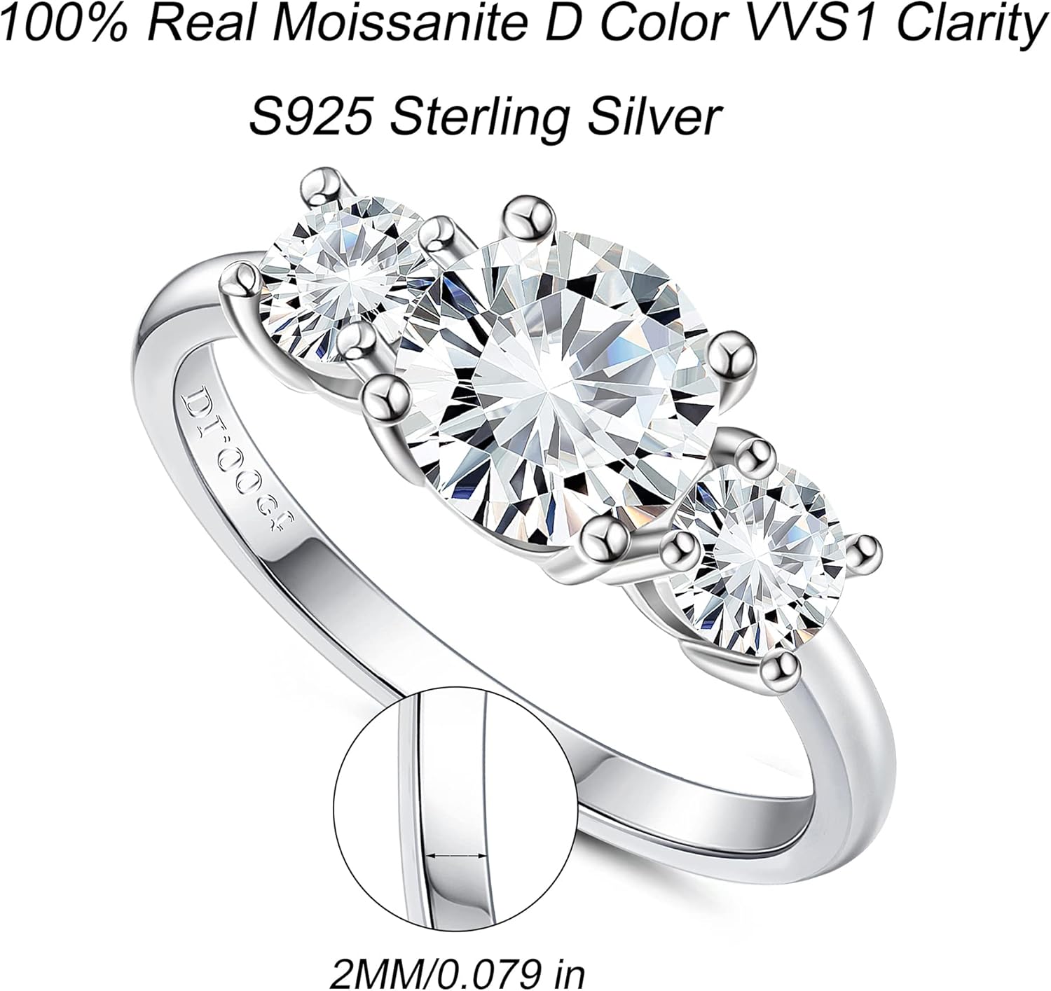 Moissanite Rings, 1.60 ct D Color VVS1 Lab Created Diamond Brilliant Round Cut Rings, 18K White Gold Plated 925 Sterling Silver Stackable Ring Wedding Rings for Women Size 5-10 - Image 2
