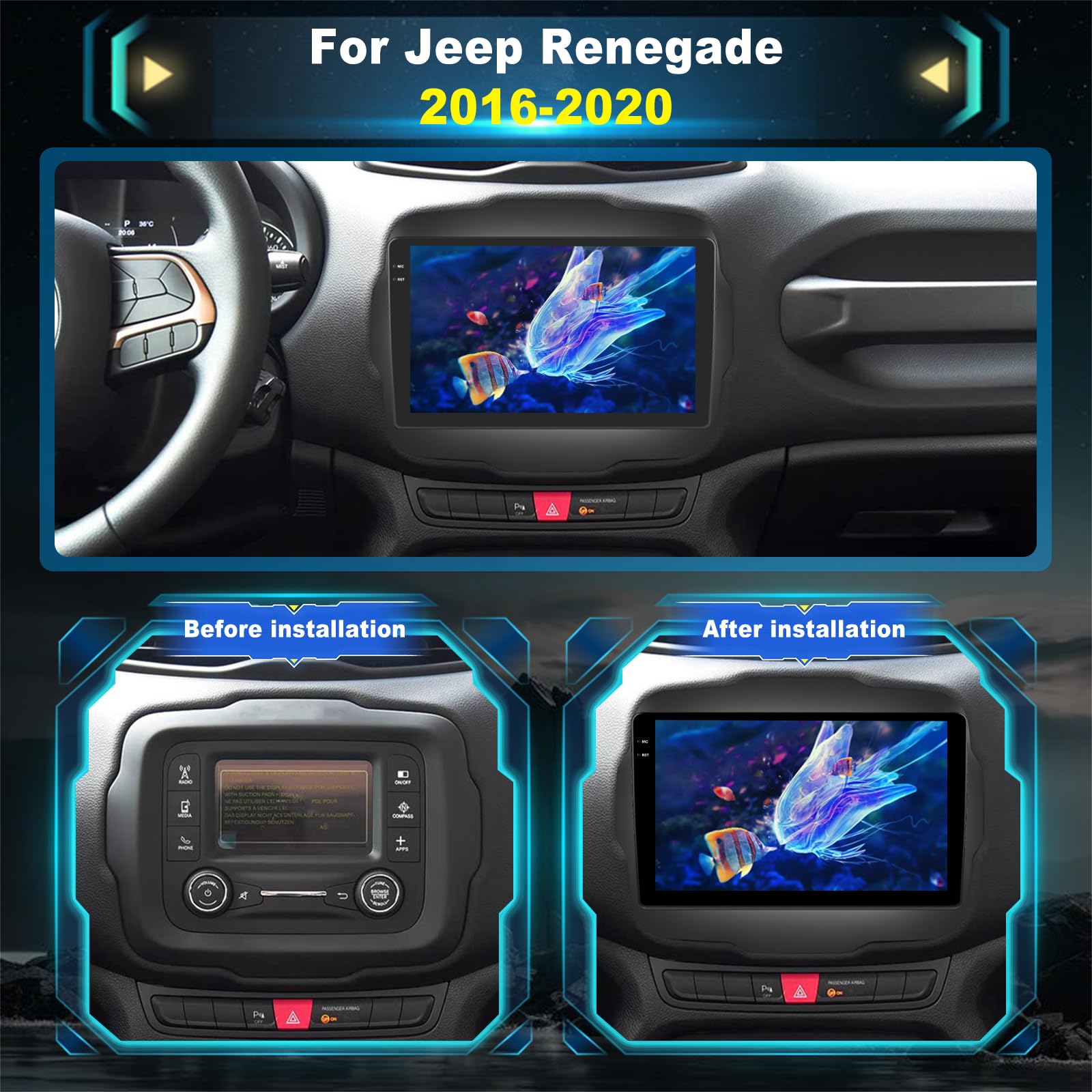 4G+128G Android Autoradio per Jeep Renegade 2016-2020 con Wireless Carplay & Android Auto, Schermo Touch IPS 9 pollici con GPS, WiFi, EQ, Bluetooth 5.0, Radio FM/RDS