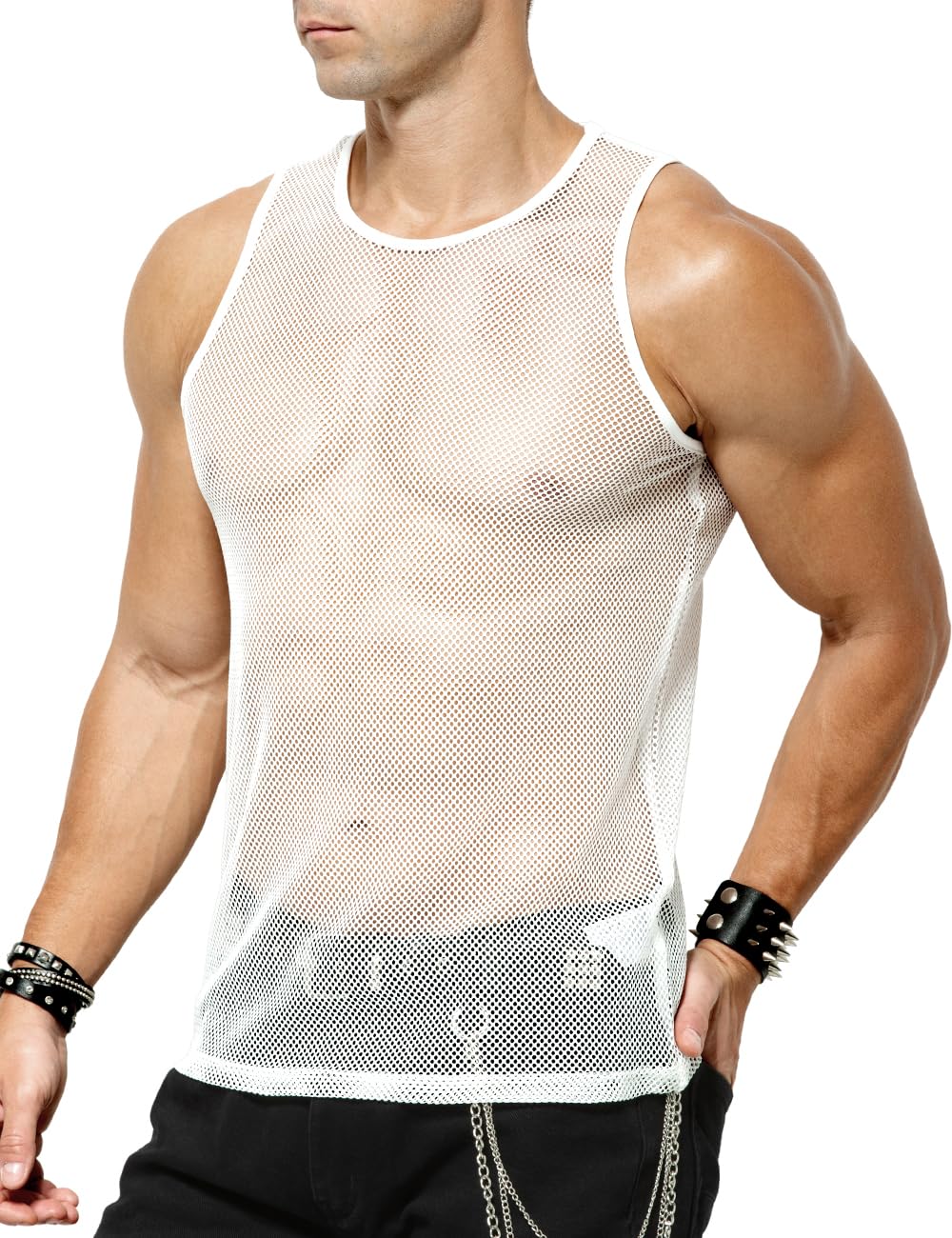 Casey Kevin Debardeur Maille Homme Transparent Filet Débardeur sans Manches Résille Sexy Fishnet Gilet de Bal Club Disco Danse Clubwear