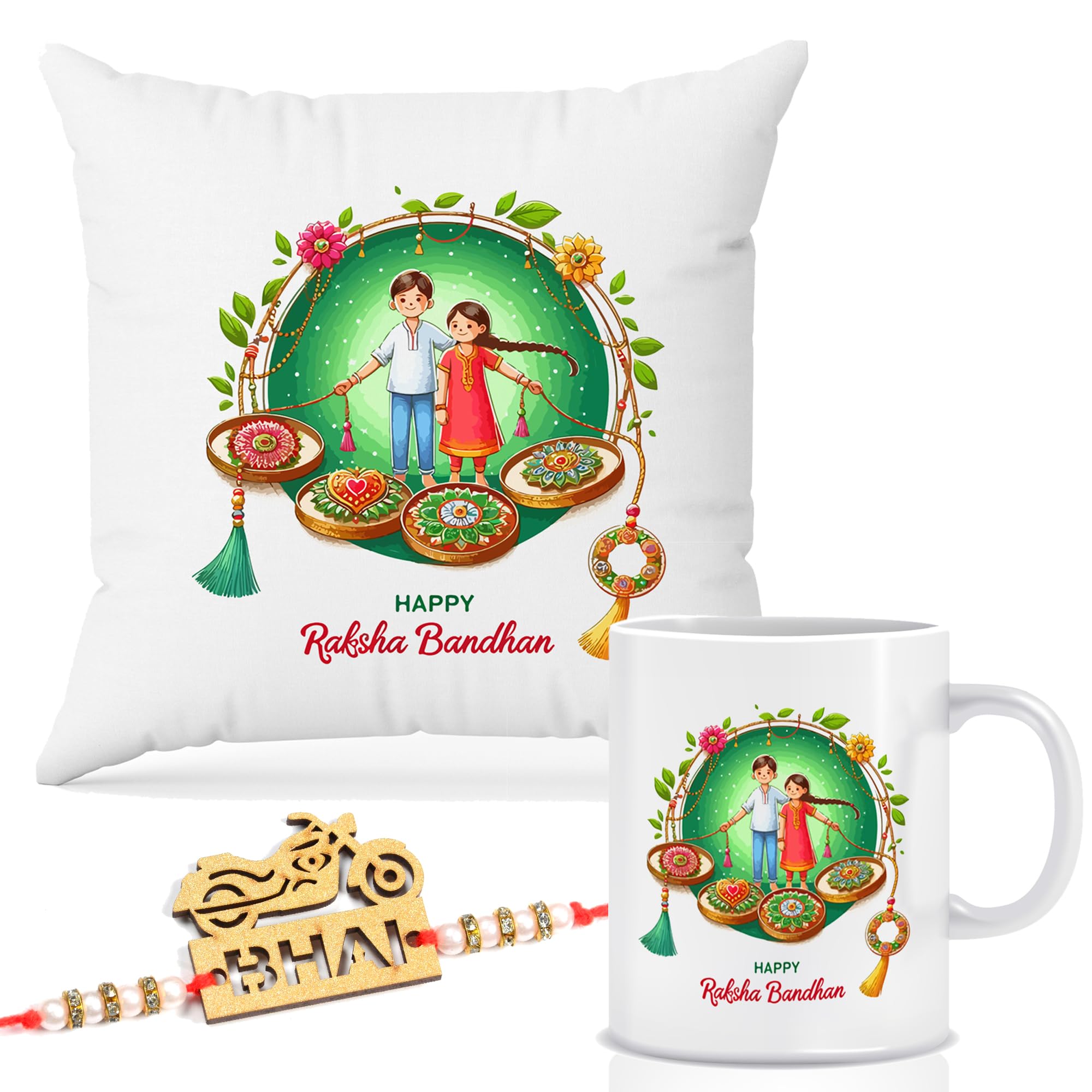 Raksha Bandhan Gift Combo – Cushion with Filler, Printed Coffee Mug & 1 Rakhi | Cute Brother Sister Cartoon Design | Rakhi Gift Set for Brother, RKCMUG-01
