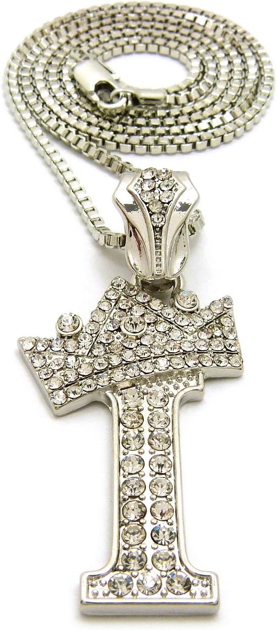 Fashion 21 Iced Out King Crown Alphabet Initial Pendant 2mm 24" Box Chain Necklace in Gold, Silver Tone (I - Silver)