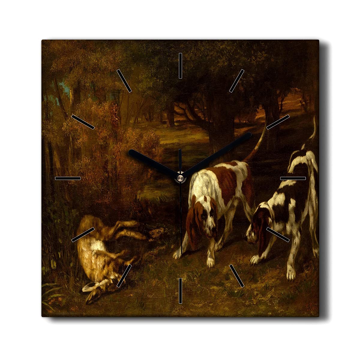 Horloge Murale Toile 30x30cm Salon Décoration Animaux Forêt Lapin Chiens