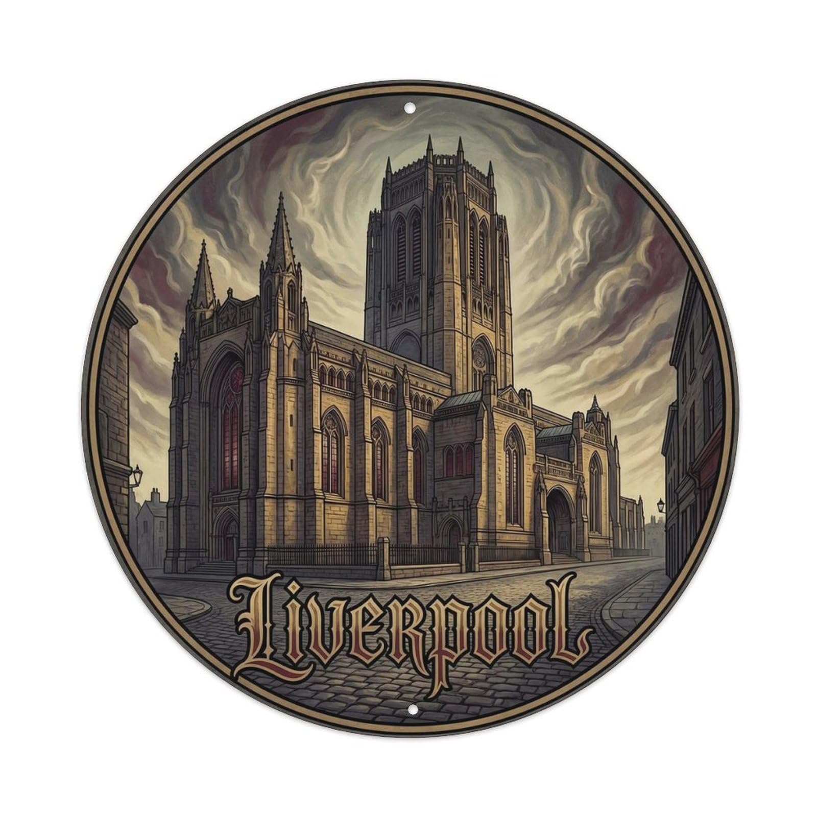 Liverpool Cathedral Gothic Vintage Cityscape Travel Landmark Metal Tin Sign Plaque Wall Decor for Cafe, Man Cave, Club Bar, Office, Home Garden Round Metal Poster 8x8Inch