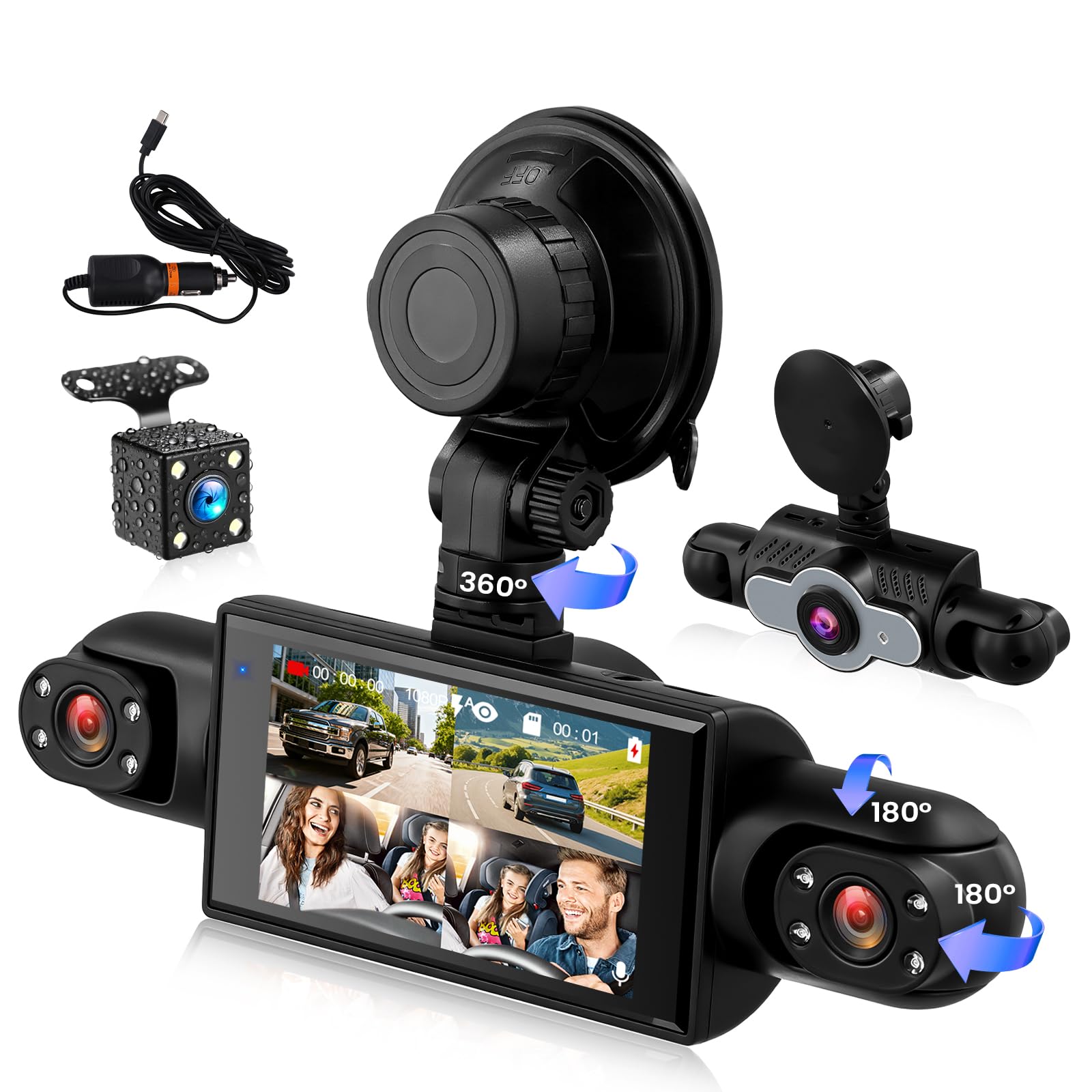 4 Canali 360° Dash Cam Auto, Telecamera per Auto da 3 Pollici 1080P con Visione Notturna, Video in Loop, 24H Parcheggio Monitor, Ausilio al parcheggio