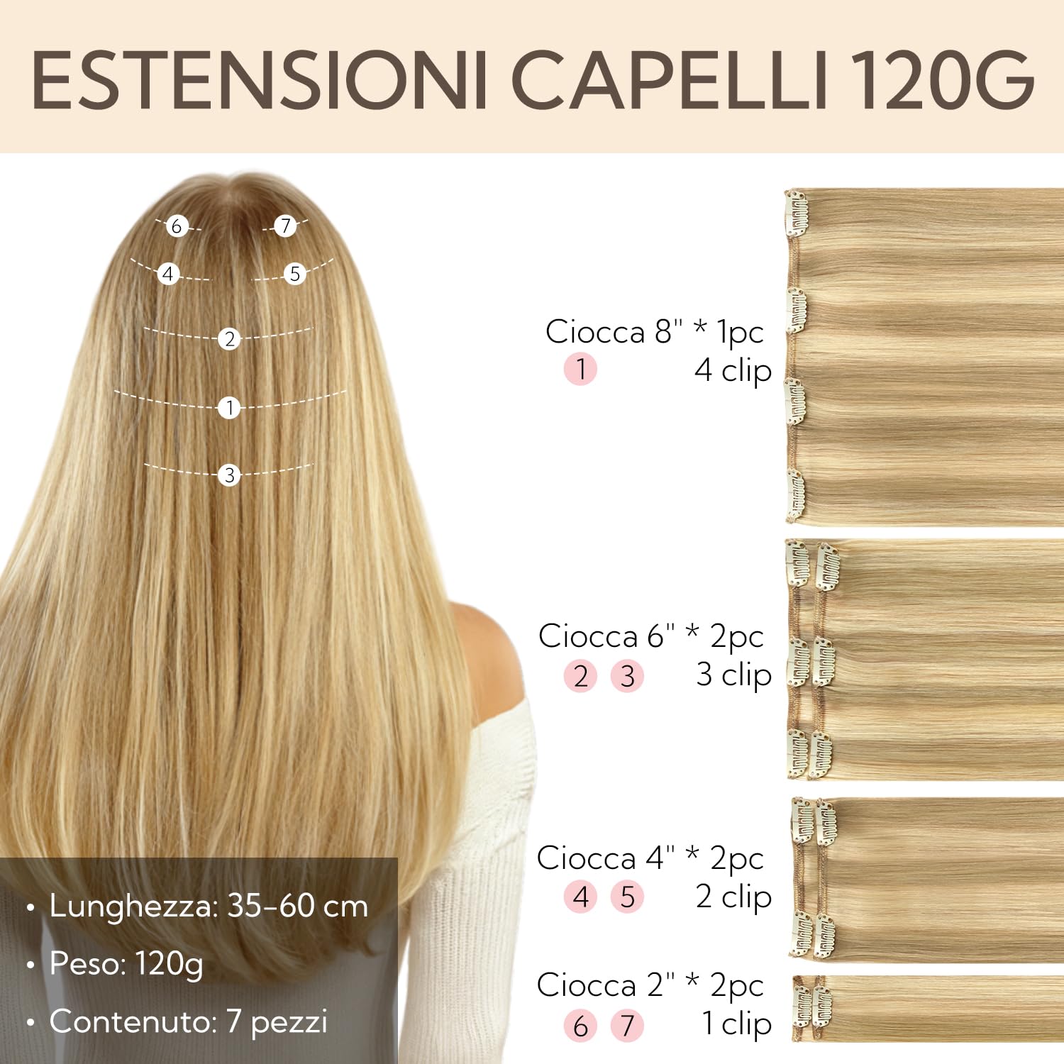 HOTBANANA Extension Capelli Veri Clip, (Tono grigio) Biondo Chiaro Evidenziato Biondo Dorato Extension Clip Capelli Veri 50cm 7pcs Remy Umani Naturali Capelli Extensions 120g