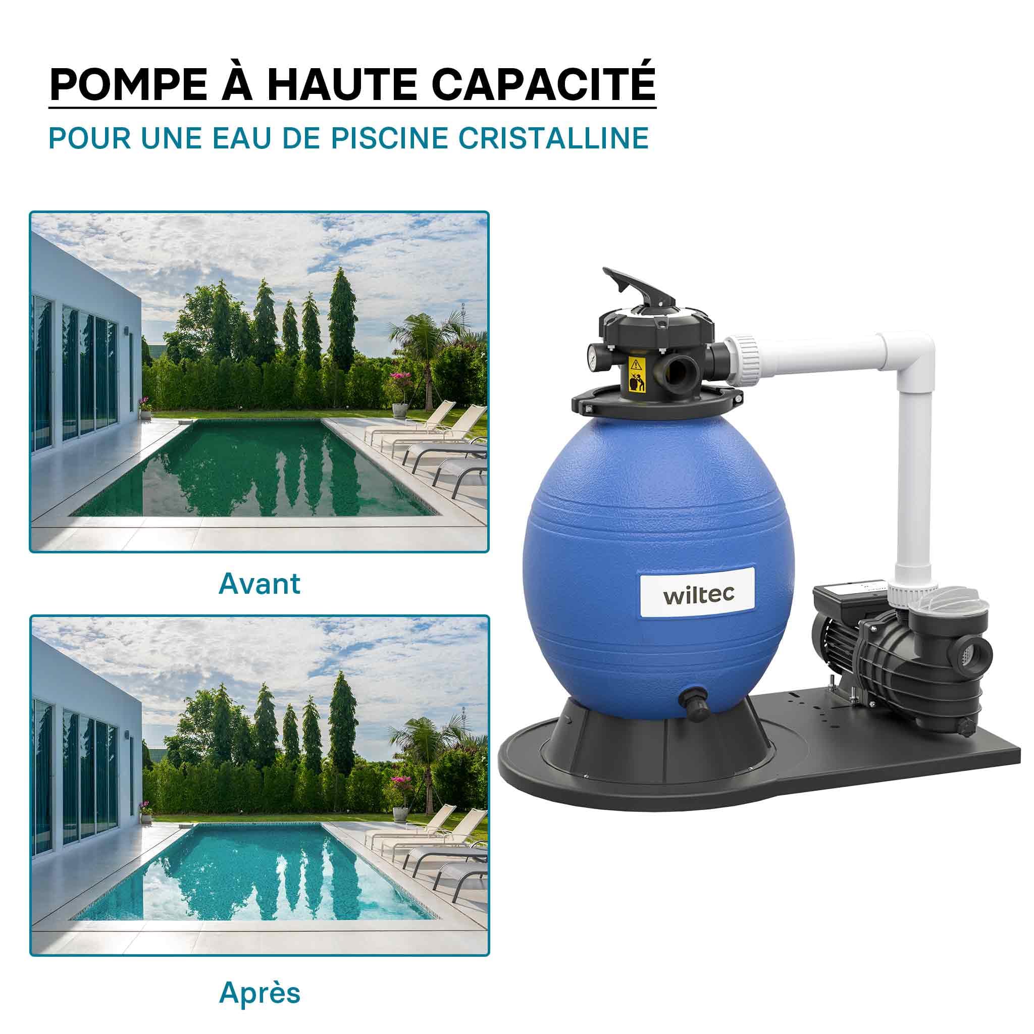 WilTec Filtre à Sable et Particules – 550 W – capacité 38 l / 30 kg – 18 000 l/h – avec Vanne 5 Positions et Pompe de filtrage Auto-amorçante – Cuve de Filtration pour Piscine Hors-Sol Swimmingpool
