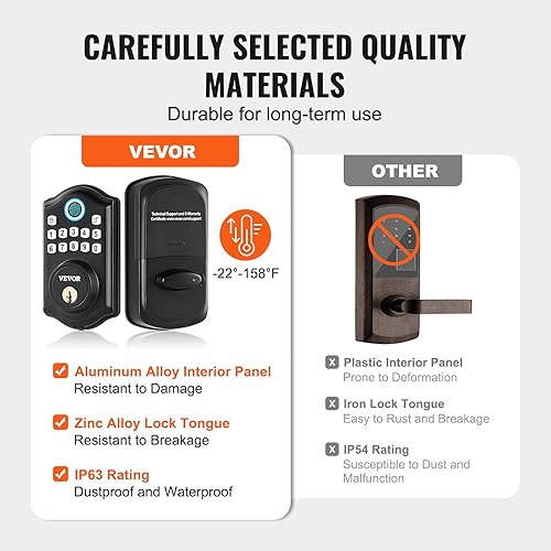 Miniatura 4 de VEVOR Cerradura de puerta de huellas dactilares, cerradura de puerta de entrada sin llave con huella dactilarcódigo de tecladollave, bloqueo