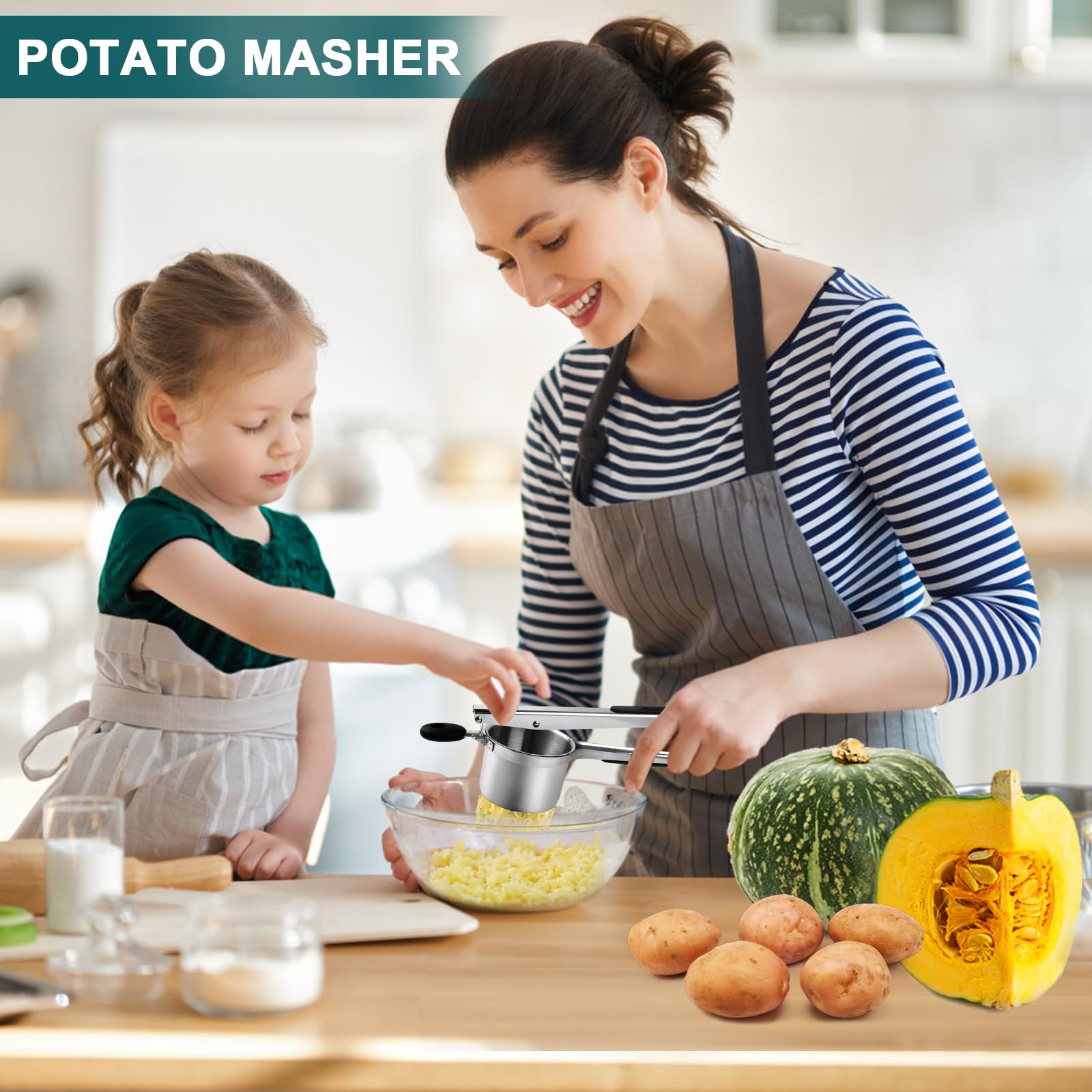 VFANDV Machacador de Patatas, Prensa de Patatas Profesionales Acero Inoxidable Triturador Patatas con 3 Discos Intercambiables Triturador Patatas para Bebés Frutas y Verduras