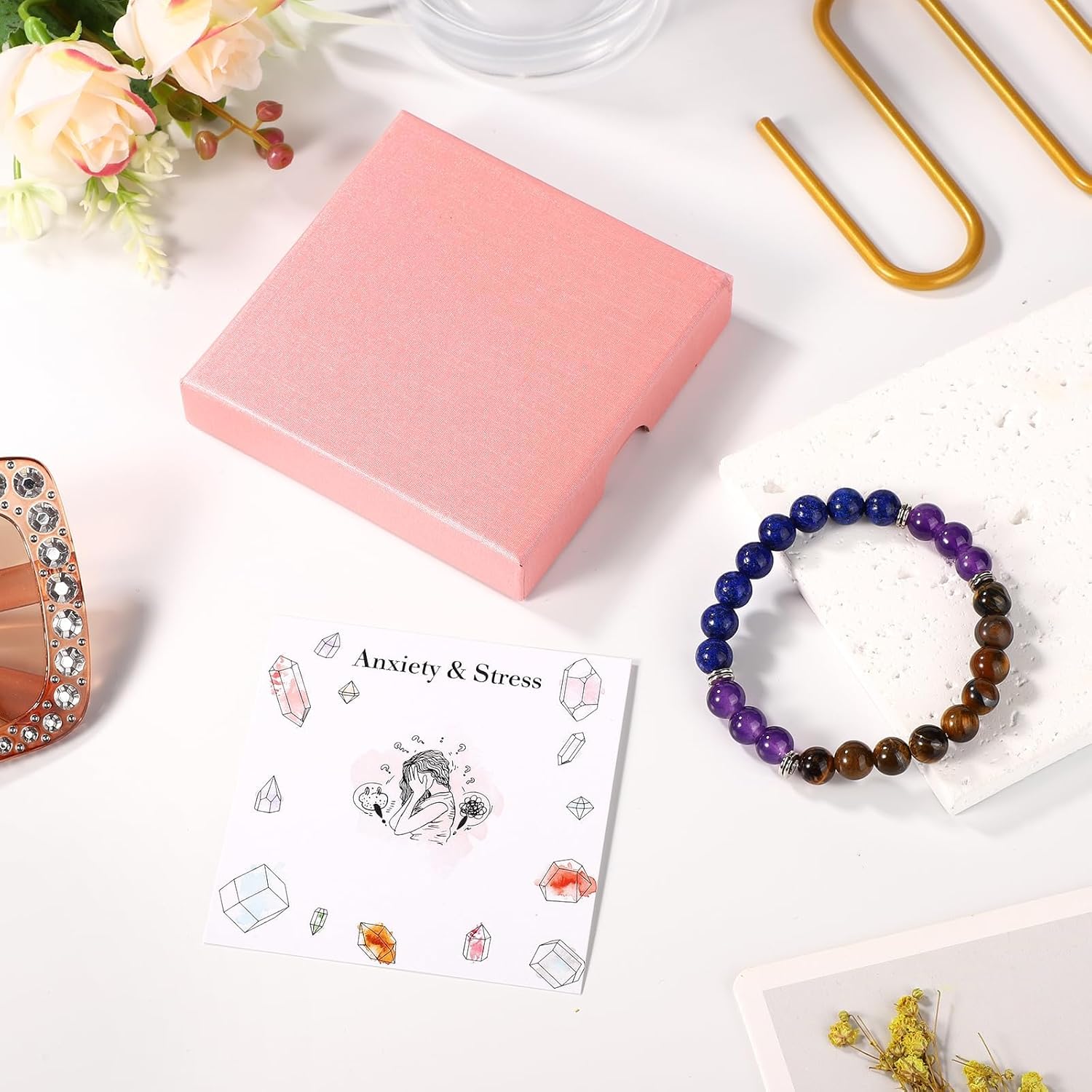Natural Crystal Bracelet, Crystal Stone Natural Beaded Bracelet Amethyst Tiger Eye Anxiety Protection Good Luck Bracelet with Card for Women Birthday Gift Jewelry - Image 6
