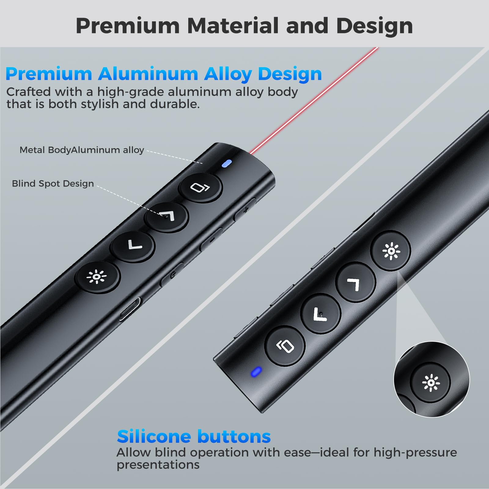 Telecomando di presentazione senza fili – Puntatore ricaricabile in lega di alluminio con luce rossa, ricevitore USB, controllo volume, collegamenti e diapositive, per Windows e Mac, nero