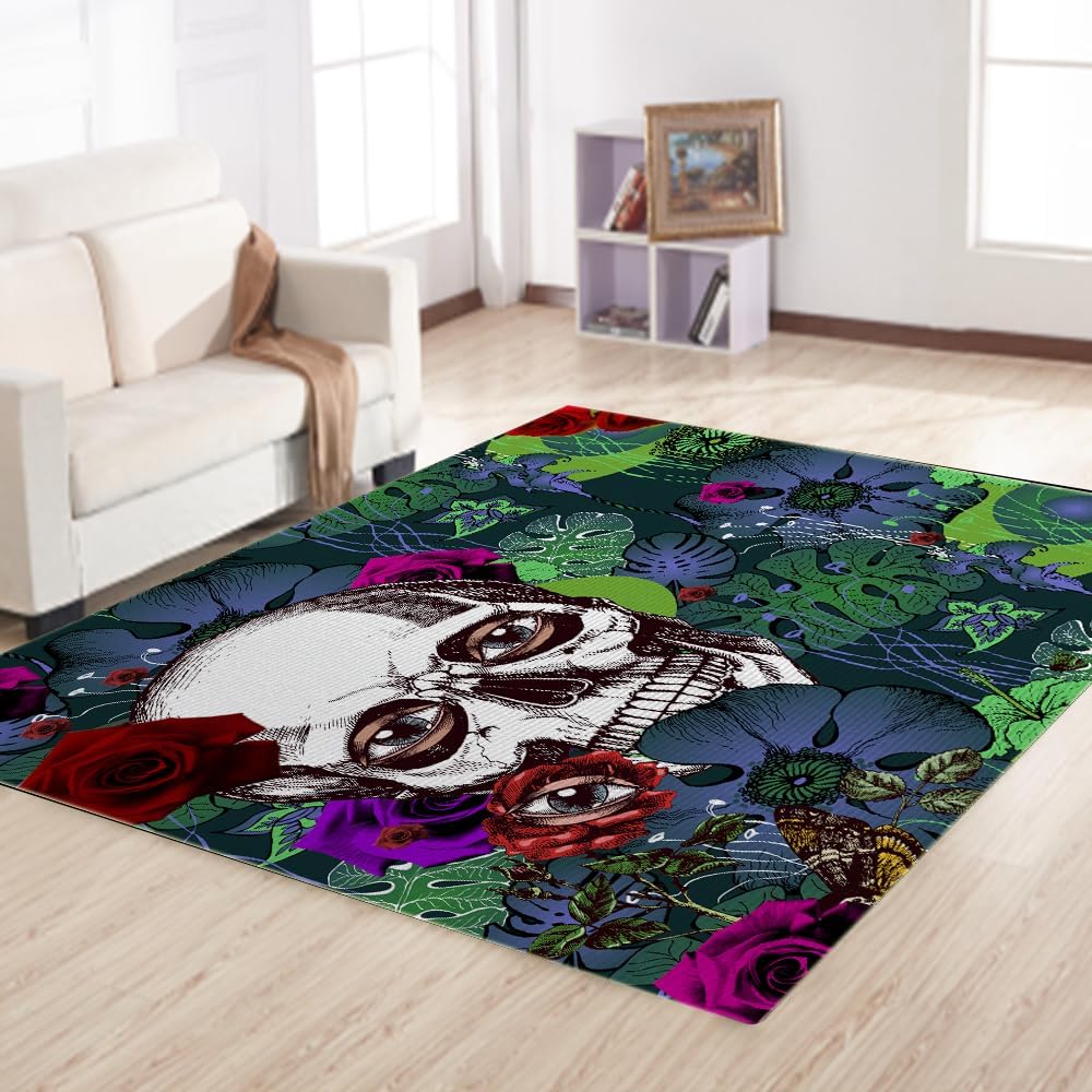 Gothic Skull Head Area Rug for Bedroom Living Room Men, Spooky Skeleton Decorative Carpet Mats 3x5, Halloween Home Decor Floor Mat Indoor Carpet Doormats