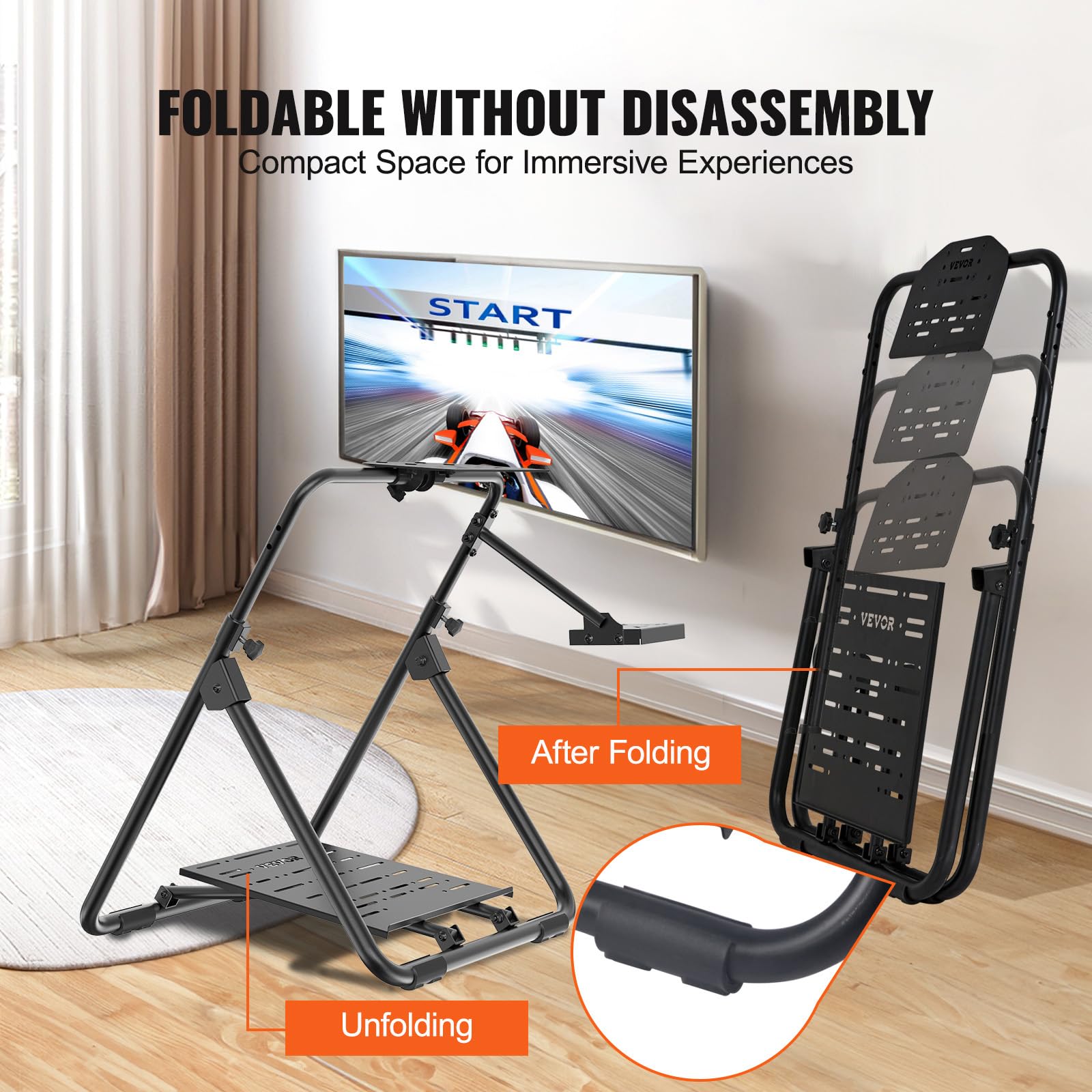 VEVOR Soporte Plegable para Volante de Carreras Base Universal Ajustable en Altura Compatible con Volante para Pedal de Carreras Logitech y Thrustmaster Marco de Acero Q235A Ángulo del Pedal de 0°/40°