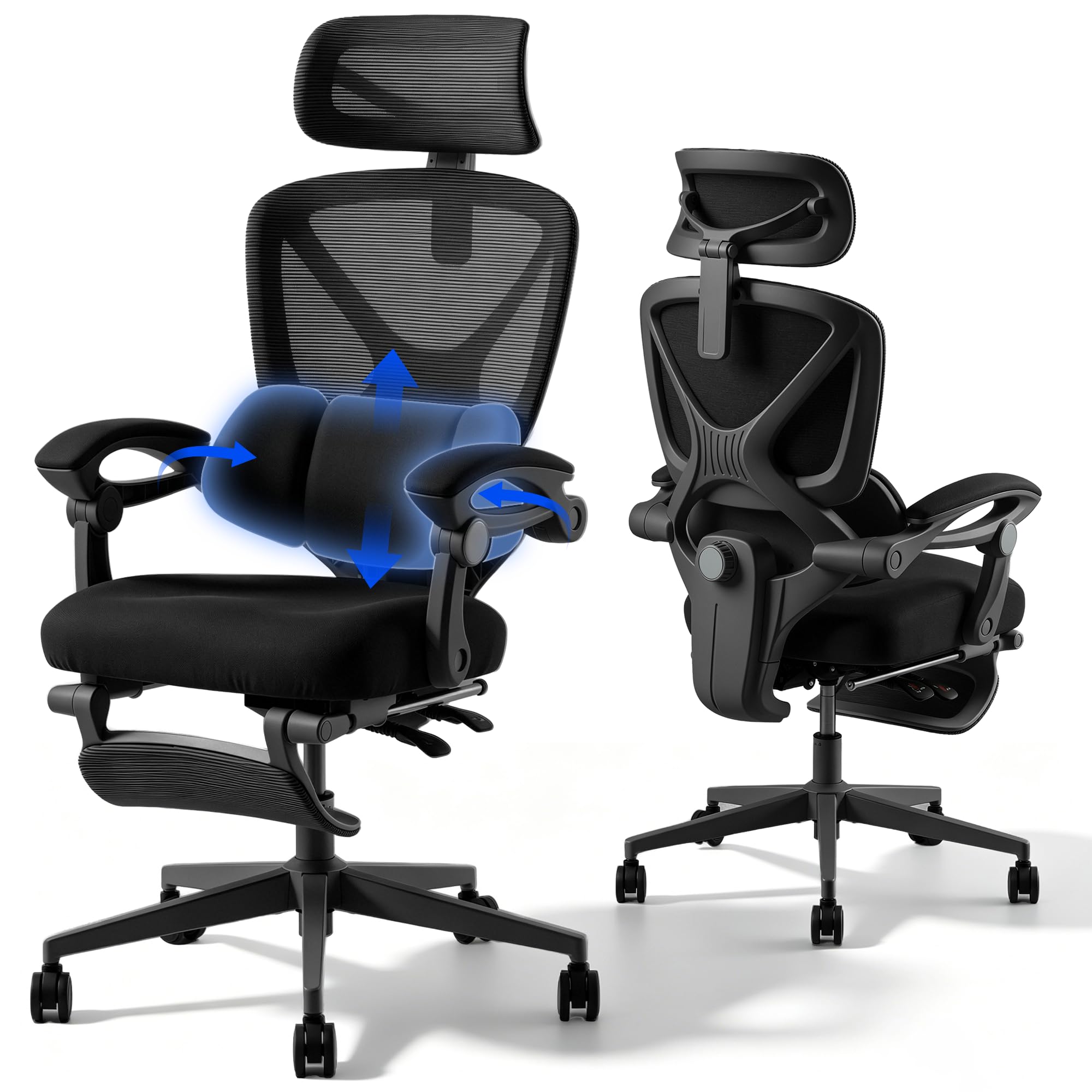 FLEXISPOT Ergonomic Office Chair, X-shaped Desk Chair with 135° Tilt, Coupled Armrests with Zone Adjustable Lumbar Support, Swivel Chair with Footrest, 3D Headrest, Dark Black
