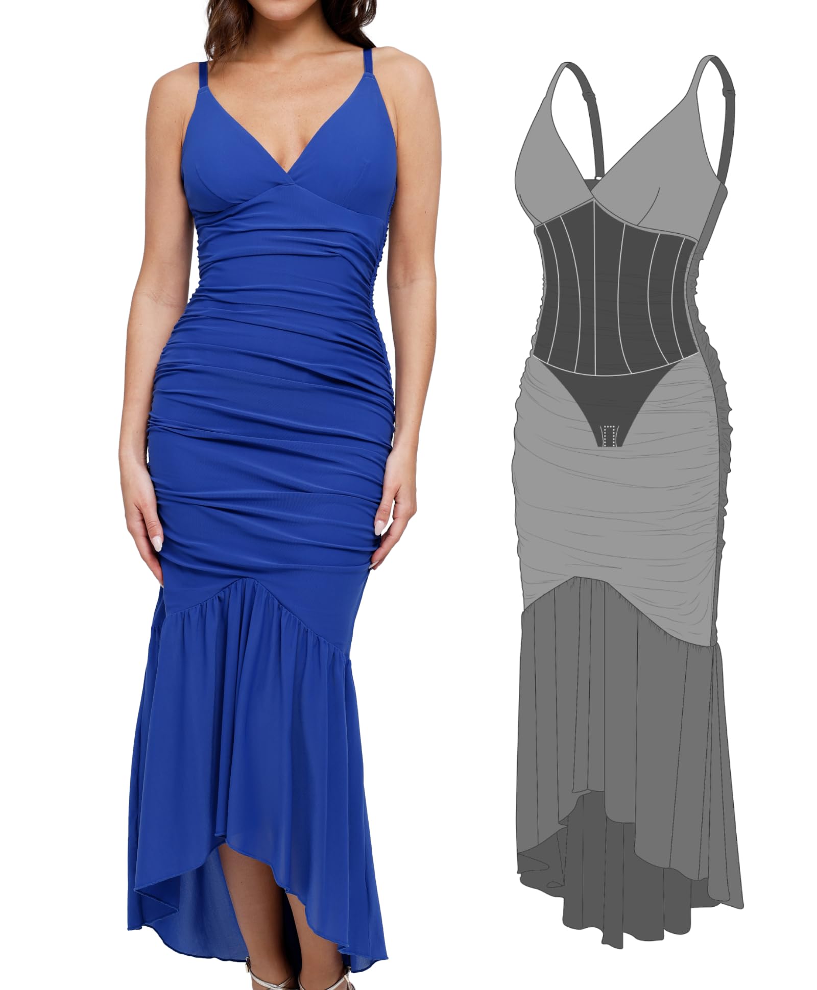 Popilush Corset Dress Built in Shapewear Bodycon Cocktail Dresses for Women Wedding Guest Deep V Neck Mesh Ruched