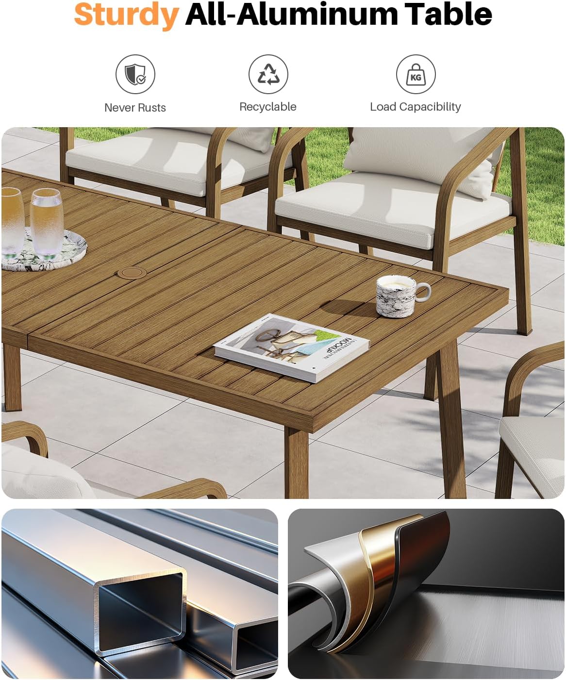 Never-Rust Aluminum Patio Dining Table, 63" x 35" Rectangular Outdoor Dining Table for 6, Outdoor Patio Table with Umbrella Hole for Backyard, Garden, Balcony, Deck, Teak