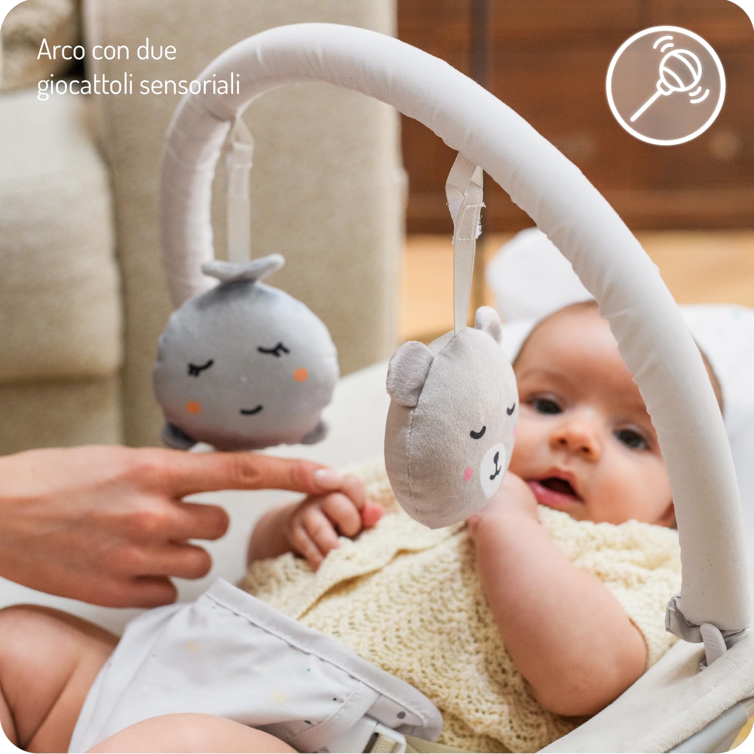 MoMi GLOSSY sdraietta per bambini fino a 9 kg, cintura 3 punti, struttura in metallo con piedini antiscivolo, 1,7 kg, 58×49×53 cm, modulo sensoriale per lo sviluppo del bambino