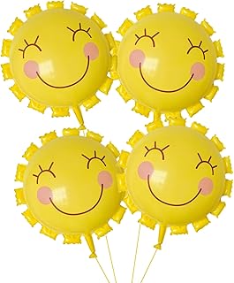 4Pcs Smile Face Sun Balloons,22 Inch Yellow Sunshine Balloons, Summer Sun Balloon for Sunshine Party Decorations First Trip Around The Sun Decorations Birthday Wedding Baby Shower Decor