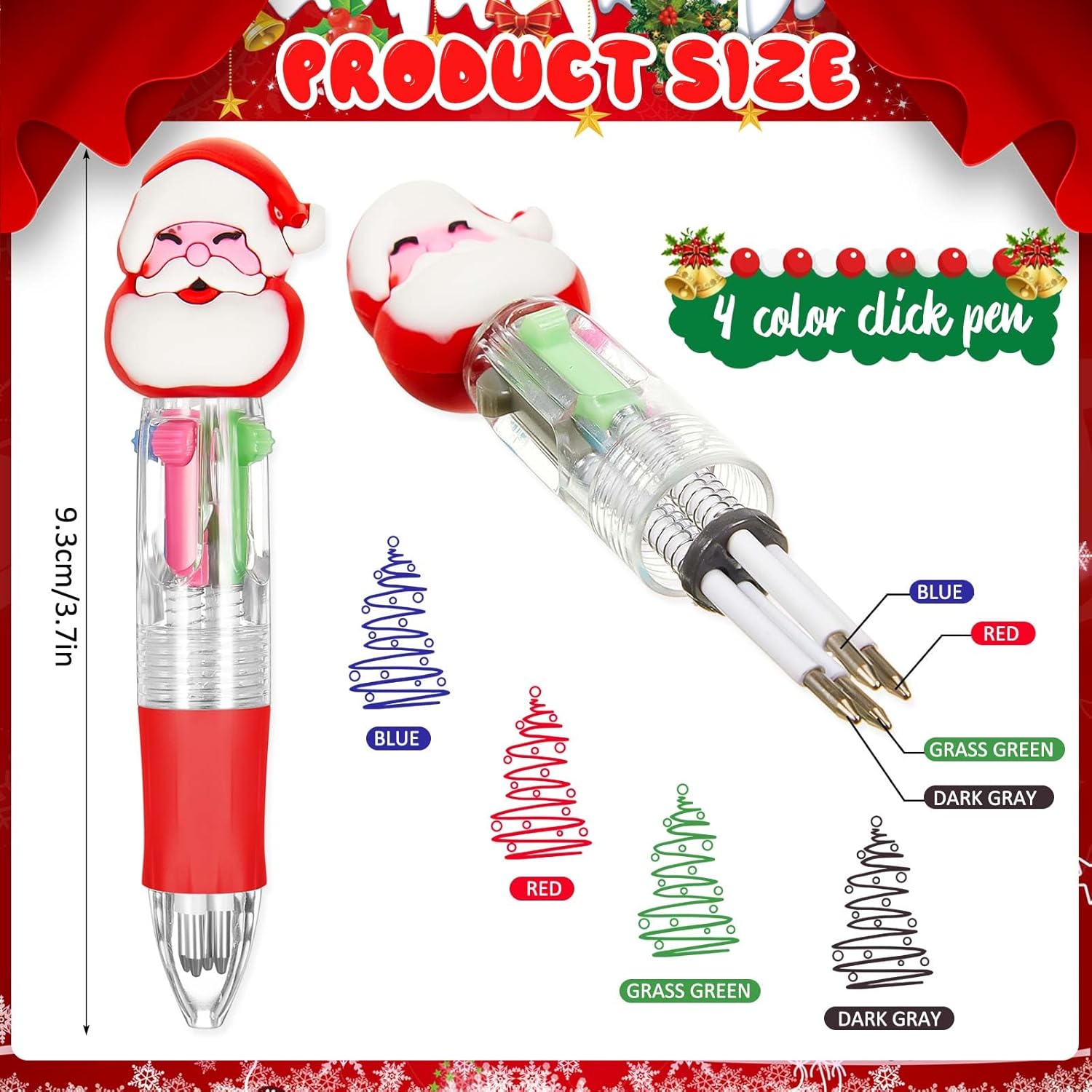 Kosiz 48 Pcs Christmas Fun Pen Bulk Mini Multicolor 4 in 1 Ballpoint Cute Retractable Pens for Winter Holiday Birthdays Parties Prizes Office Writing Supplies Goodie Bag Stuffers